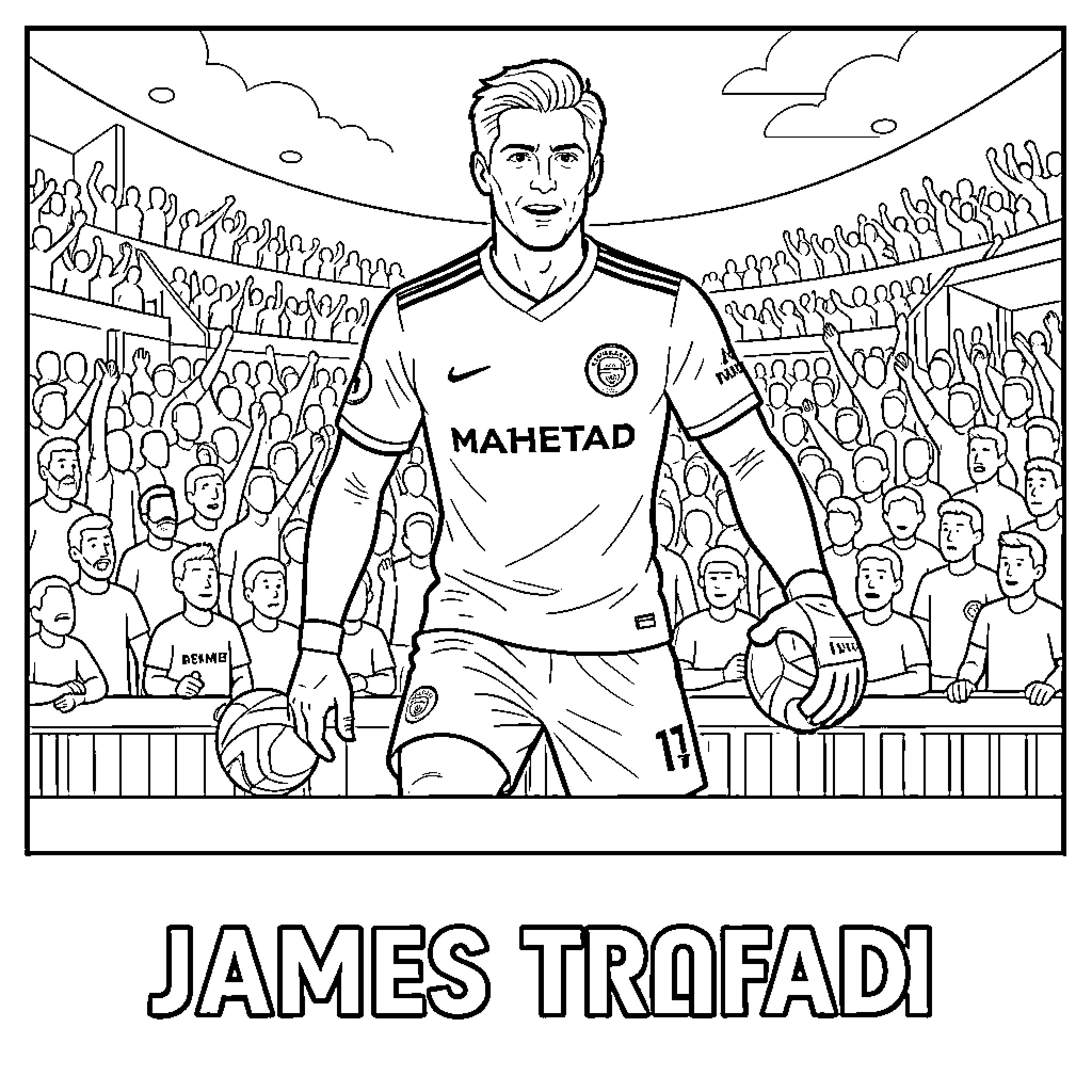 James Trafford standing confidently holding soccer balls before a crowd Coloring Page (free black-and-white line drawing printable PDF for all, from beginners to advanced learners, including children, teens, adults, and seniors)