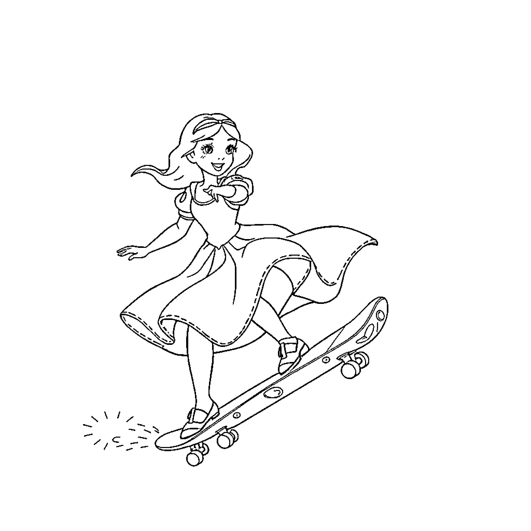 Snow White skating joyfully on a skateboard Coloring Page (free black-and-white line drawing printable PDF for all, from beginners to advanced learners, including children, teens, adults, and seniors)