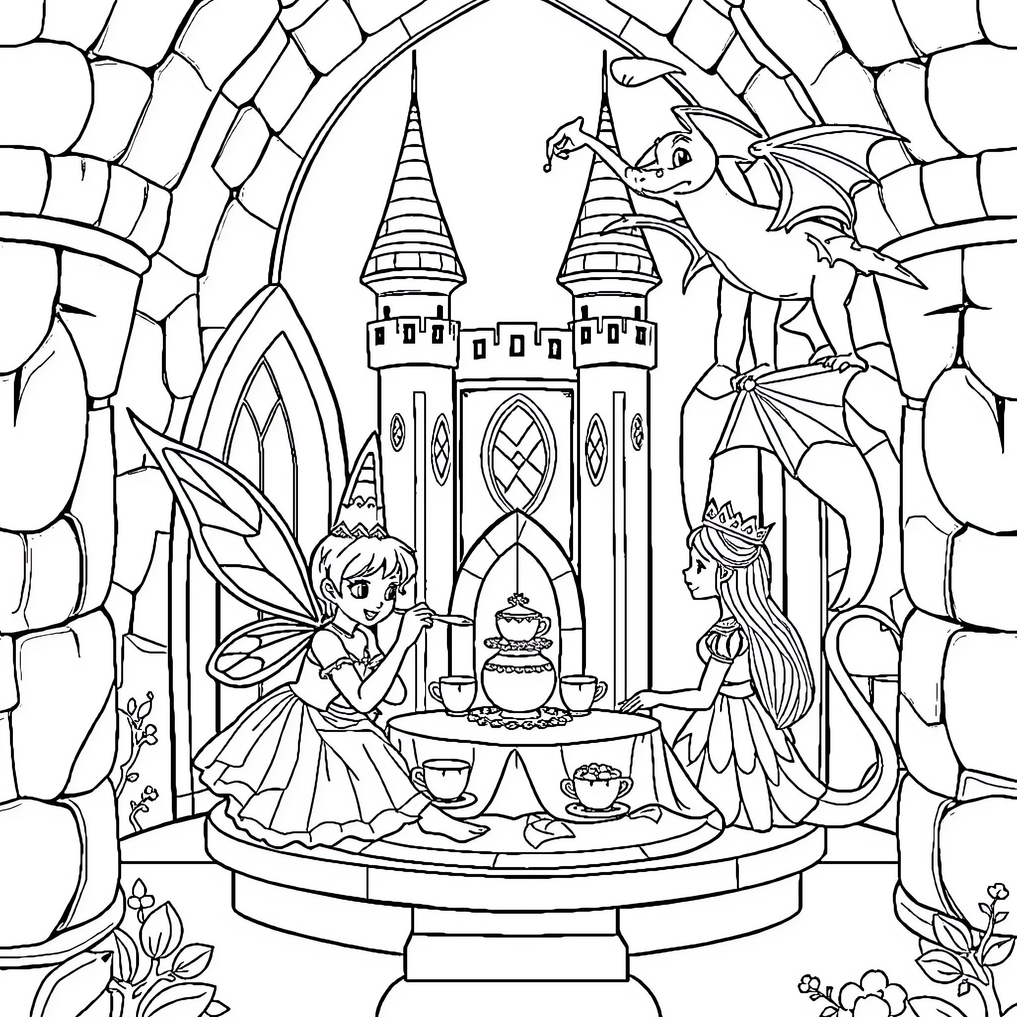 Fairy-themed Castle Scene with Magical Creatures Coloring Page (free black-and-white line drawing printable PDF for all, from beginners to advanced learners, including children, teens, adults, and seniors)