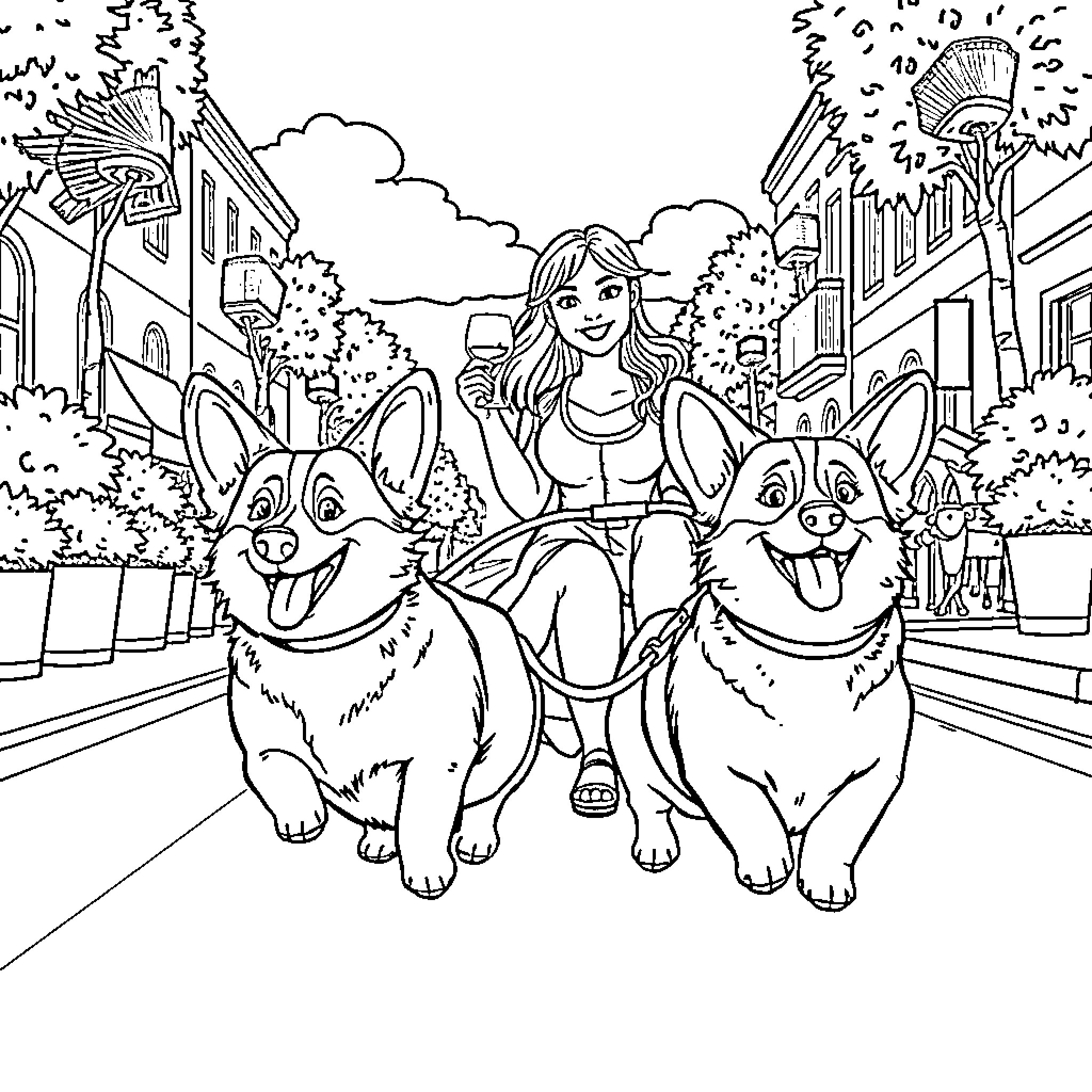 Corgi friends accompany woman on city stroll Coloring Page (free black-and-white line drawing printable PDF for all, from beginners to advanced learners, including children, teens, adults, and seniors)