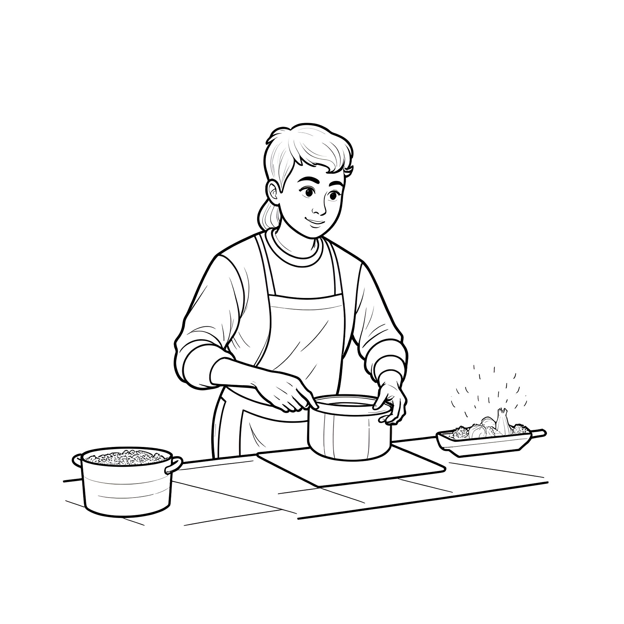 Bluey cooking delicious meals in the kitchen Coloring Page (free black-and-white line drawing printable PDF for all, from beginners to advanced learners, including children, teens, adults, and seniors)