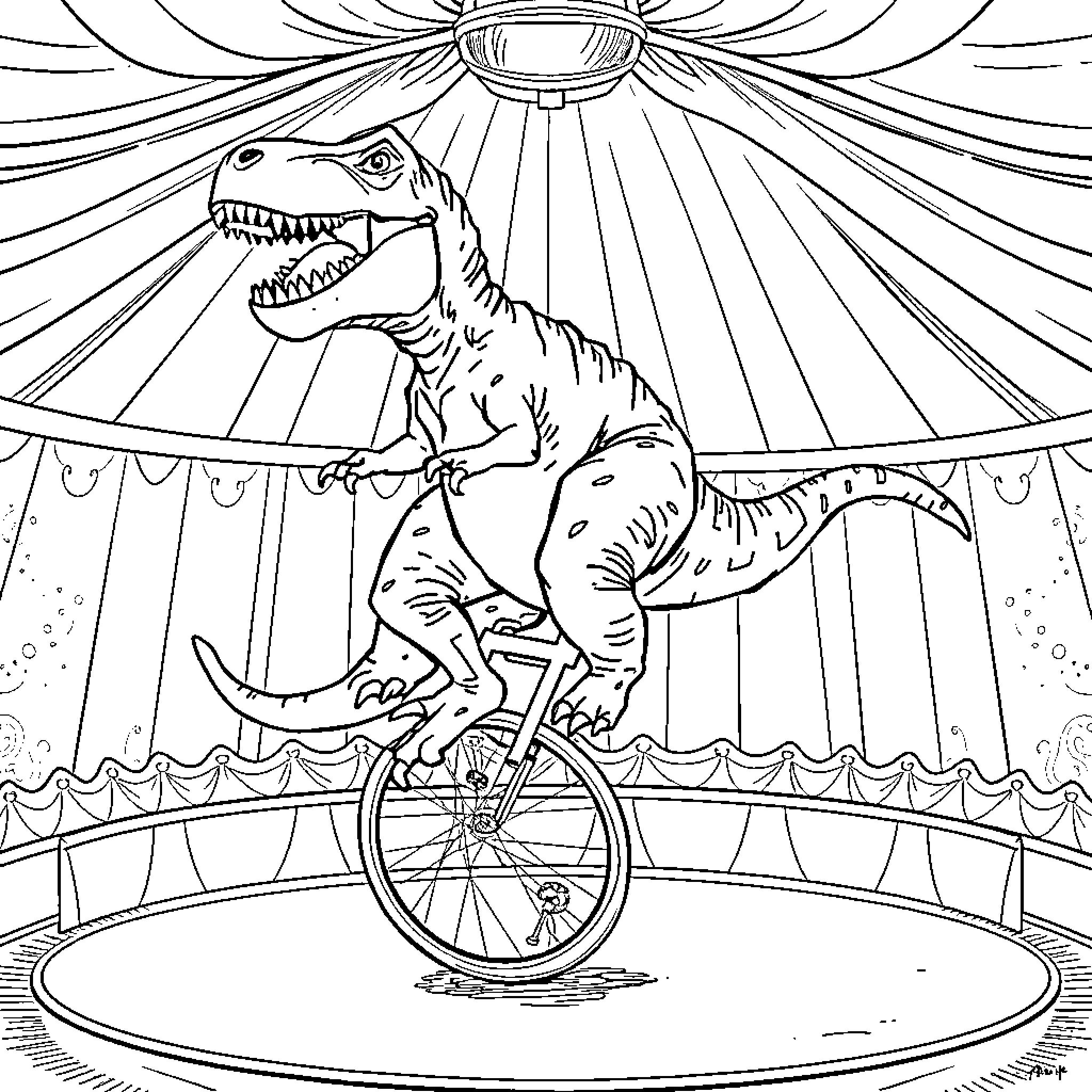 T-Rex Performs Circus Stunt on Unicycle Coloring Page (free black-and-white line drawing printable PDF for all, from beginners to advanced learners, including children, teens, adults, and seniors)