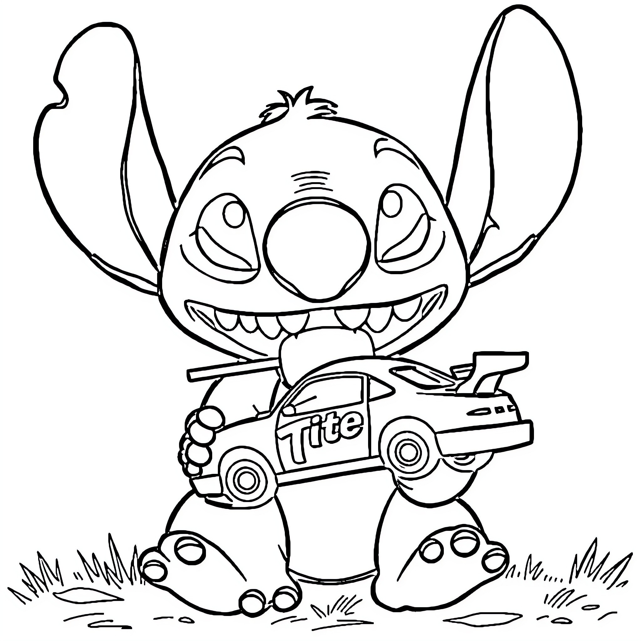 Stitch cheerfully driving a toy car on grass Coloring Page (free black-and-white line drawing printable PDF for all, from beginners to advanced learners, including children, teens, adults, and seniors)