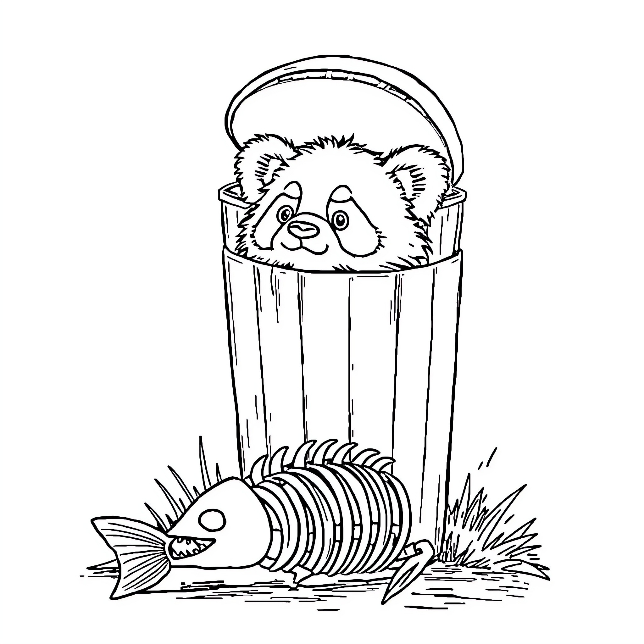 Raccoon Exploring Curious Catch in Bucket Coloring Page (free black-and-white line drawing printable PDF for all, from beginners to advanced learners, including children, teens, adults, and seniors)