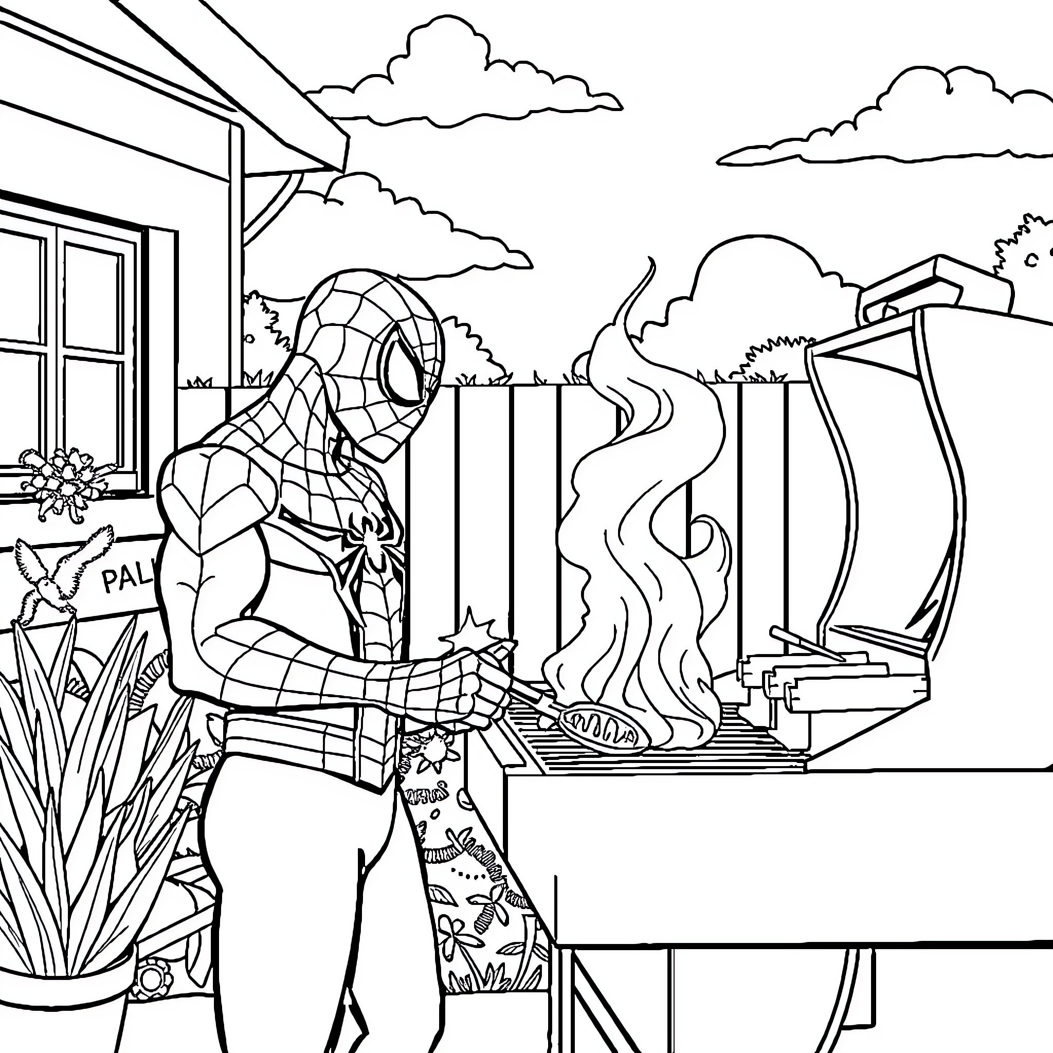 Spiderman relaxing in a cozy backyard setting Coloring Page (free black-and-white line drawing printable PDF for all, from beginners to advanced learners, including children, teens, adults, and seniors)