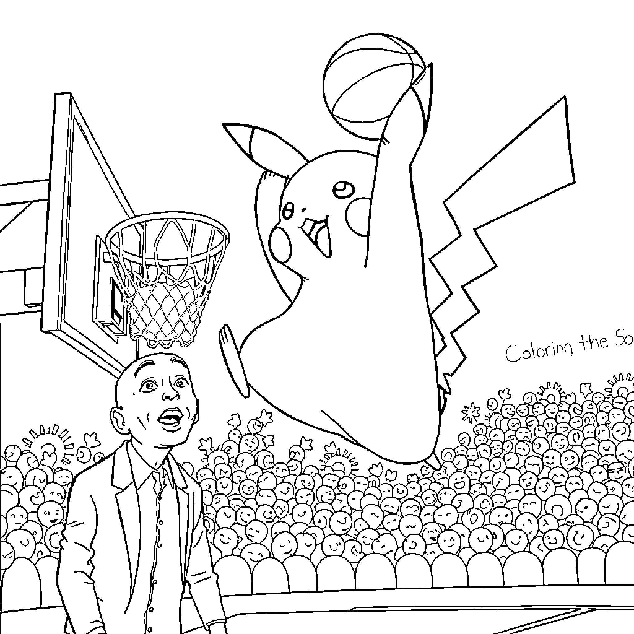 Pikachu playing basketball with a crowd Coloring Page (free black-and-white line drawing printable PDF for all, from beginners to advanced learners, including children, teens, adults, and seniors)