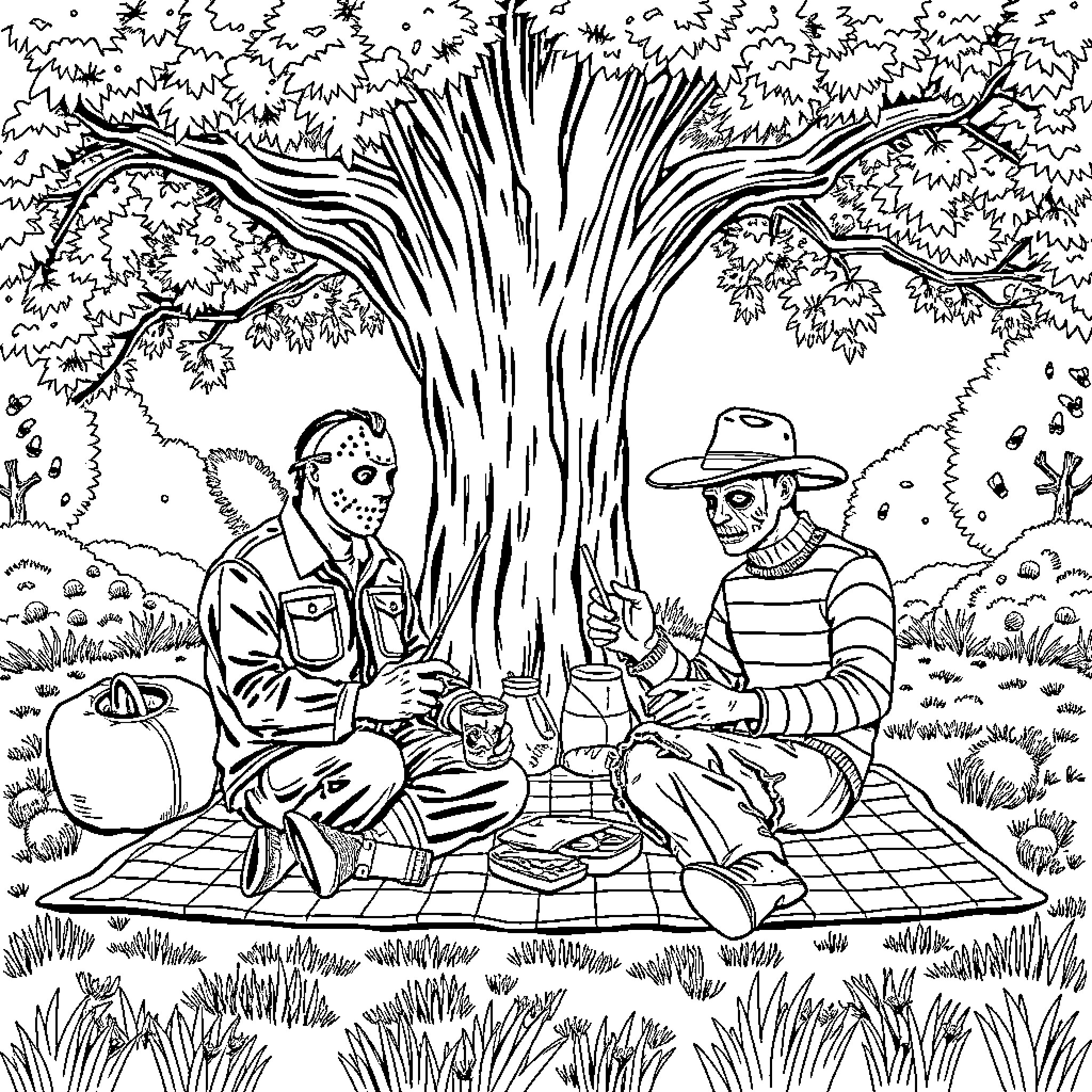 Jason Voorhees Camping in the Forest Coloring Page (free black-and-white line drawing printable PDF for all, from beginners to advanced learners, including children, teens, adults, and seniors)