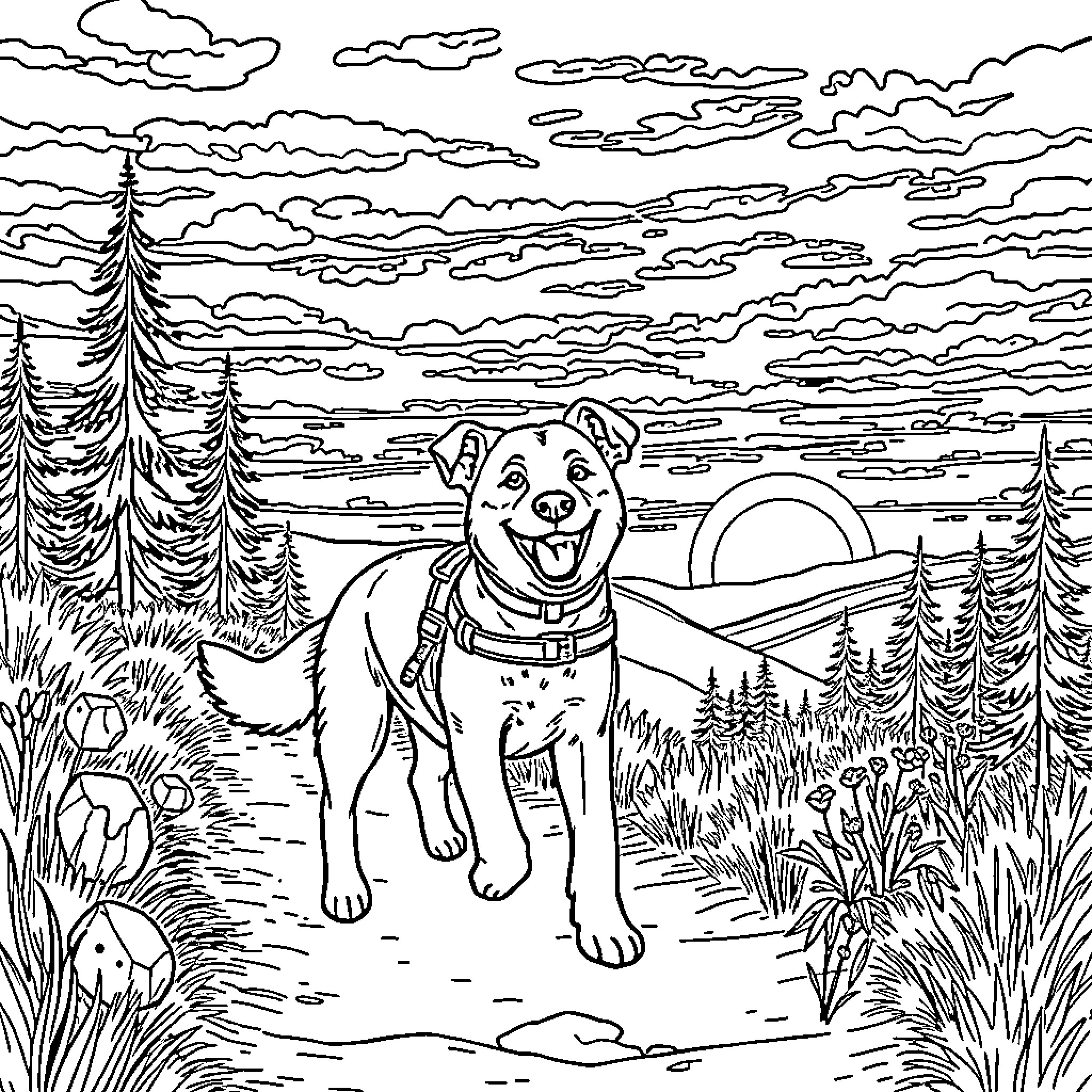 Dog exploring the serene forest landscape Coloring Page (free black-and-white line drawing printable PDF for all, from beginners to advanced learners, including children, teens, adults, and seniors)