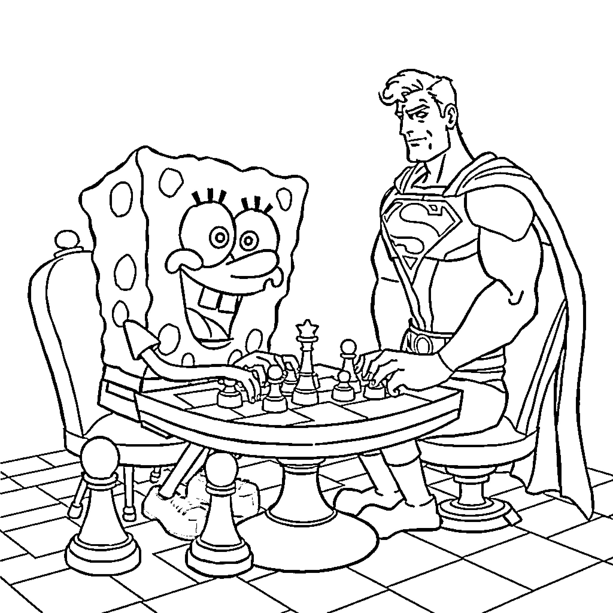 Spongebob playing chess with Superman Coloring Page (free black-and-white line drawing printable PDF for all, from beginners to advanced learners, including children, teens, adults, and seniors)
