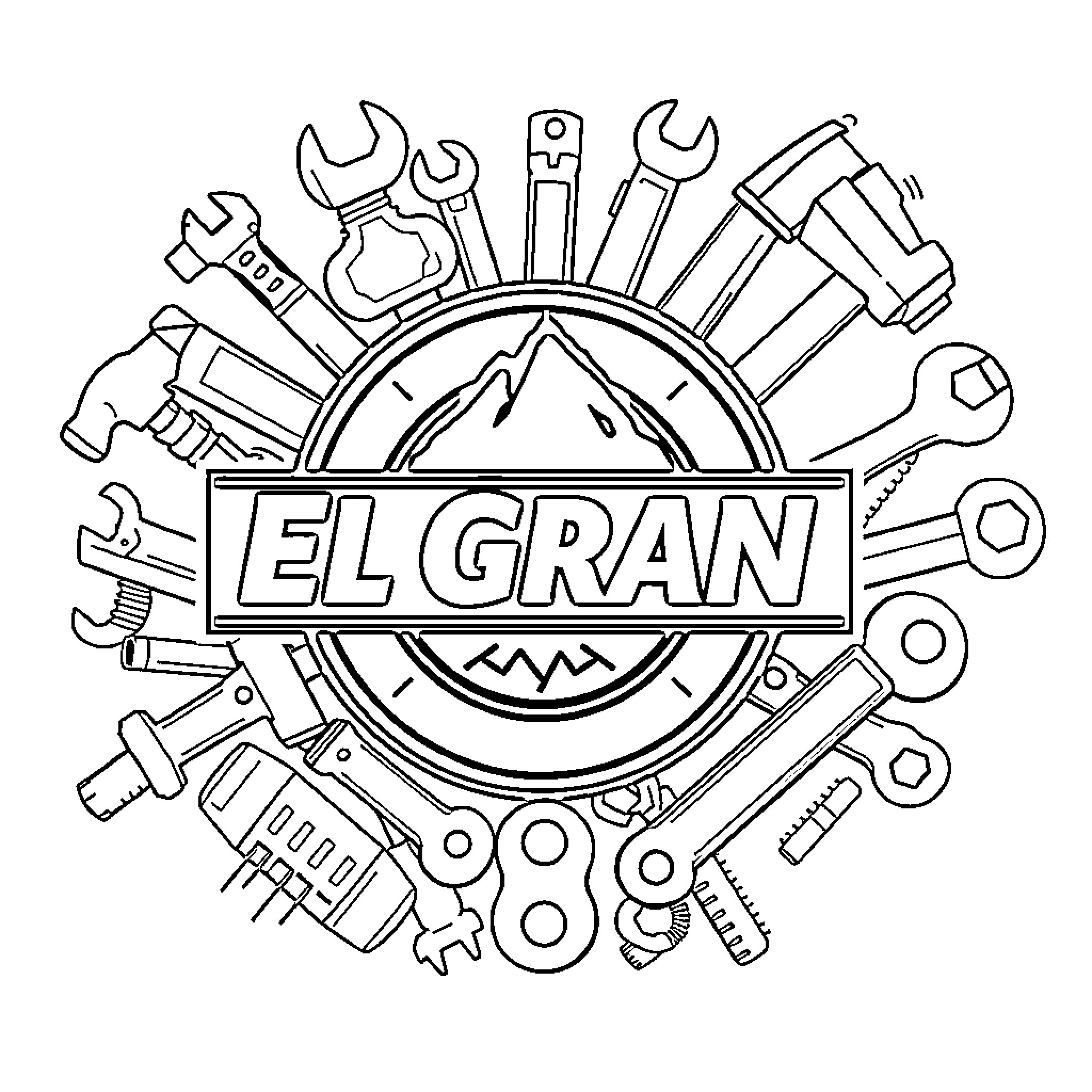 Logo for El Gran featuring tools and mountains Coloring Page (free black-and-white line drawing printable PDF for all, from beginners to advanced learners, including children, teens, adults, and seniors)