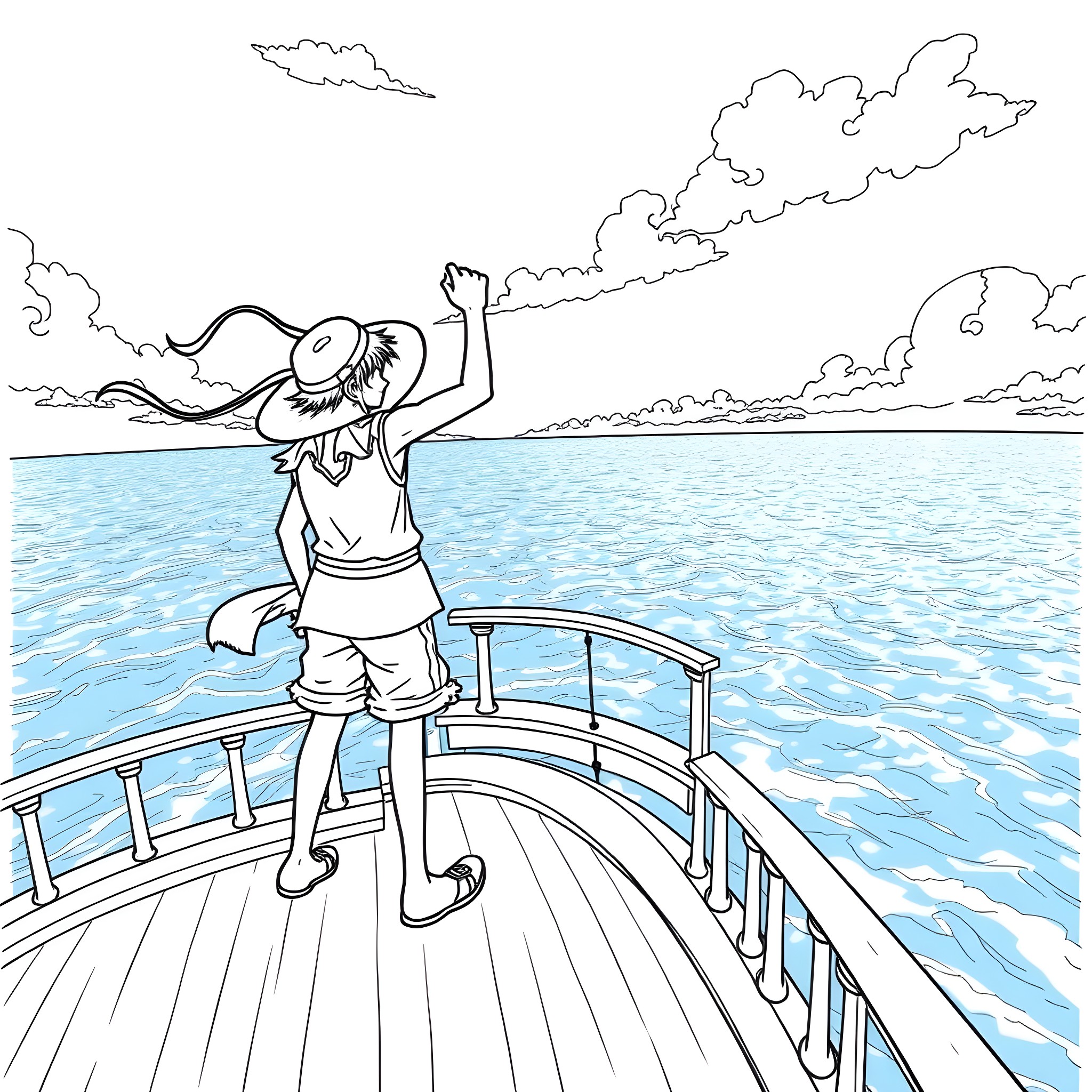 Luffy strolling on the pier, enjoying the scenic ocean view Coloring Page (free black-and-white line drawing printable PDF for all, from beginners to advanced learners, including children, teens, adults, and seniors)
