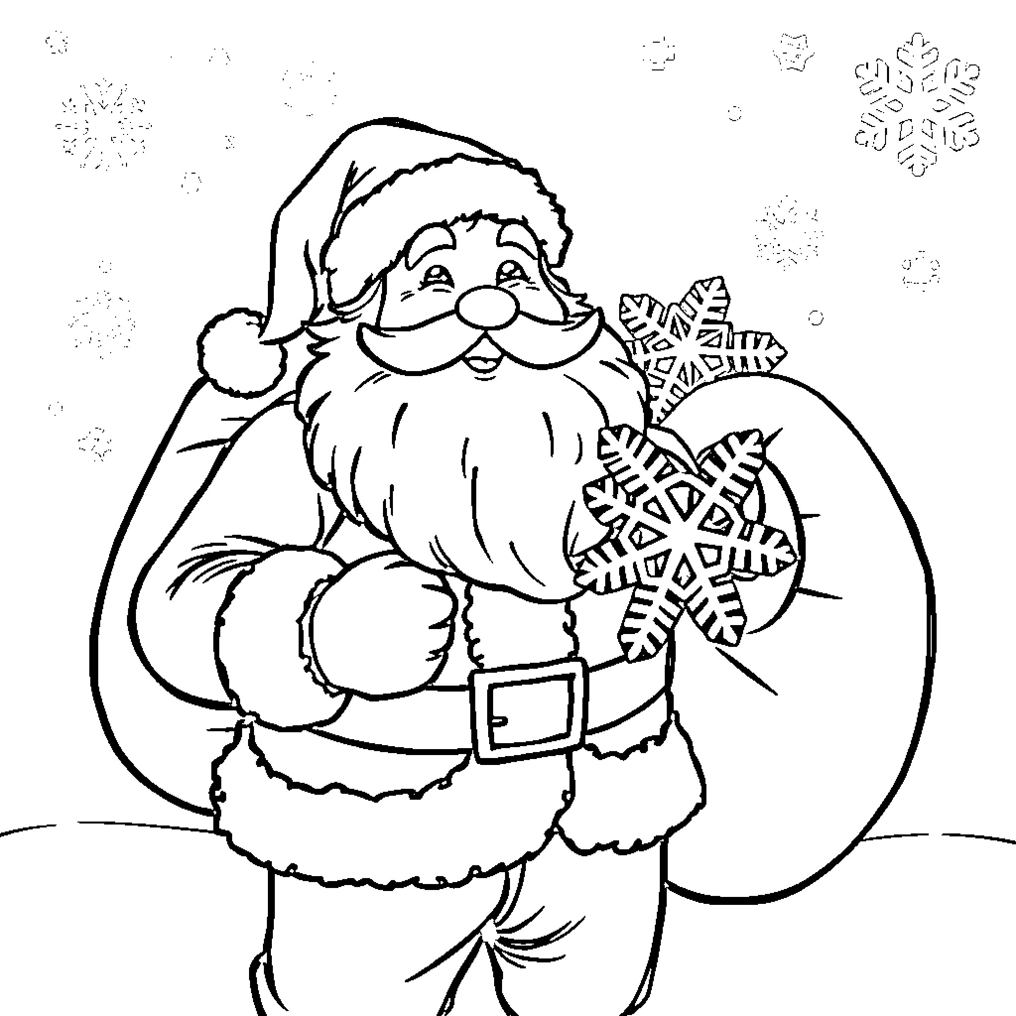 Santa Claus with snowflakes and winter wonderland Coloring Page (free black-and-white line drawing printable PDF for all, from beginners to advanced learners, including children, teens, adults, and seniors)