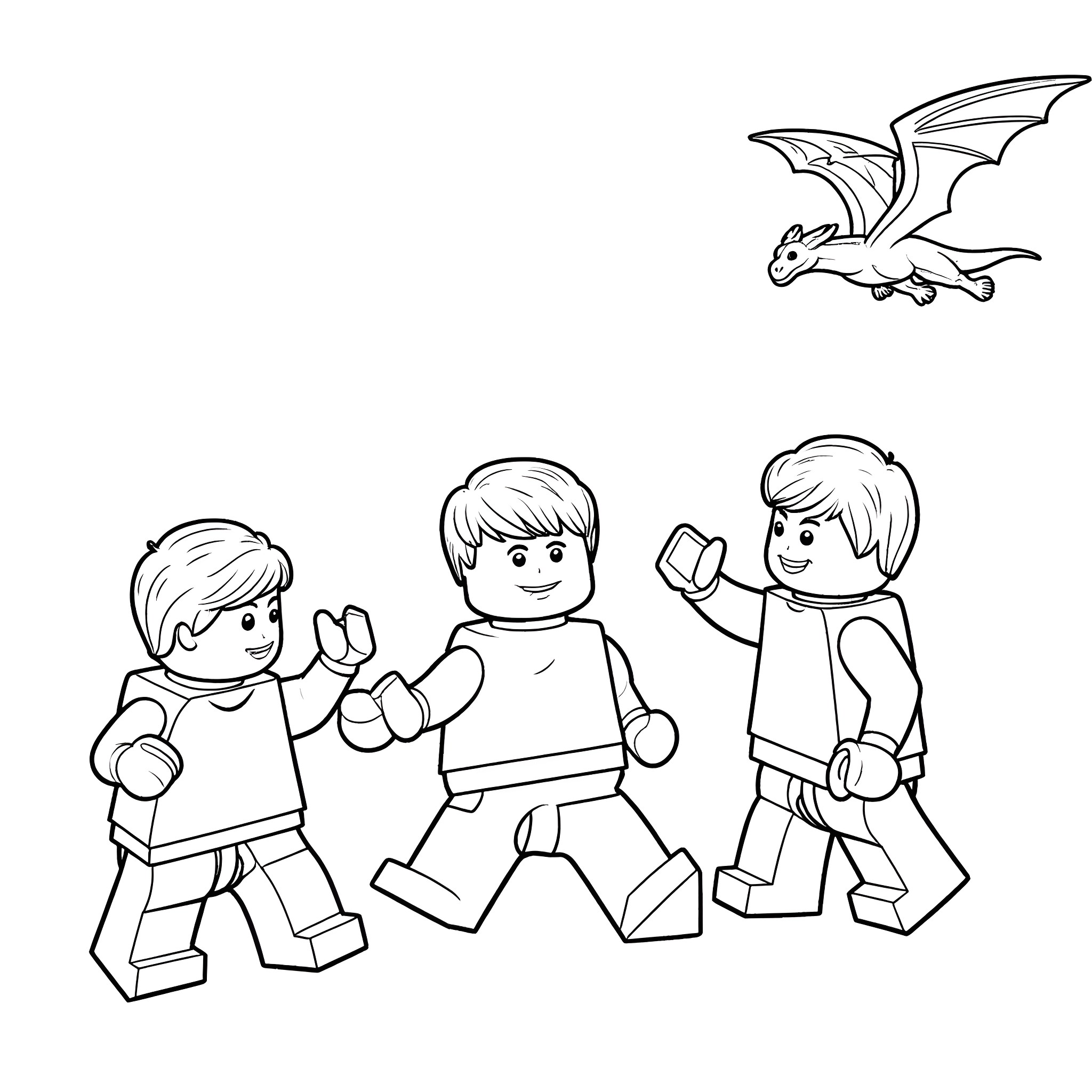 Lego Starter with Minifigures Playing Coloring Page (free black-and-white line drawing printable PDF for all, from beginners to advanced learners, including children, teens, adults, and seniors)