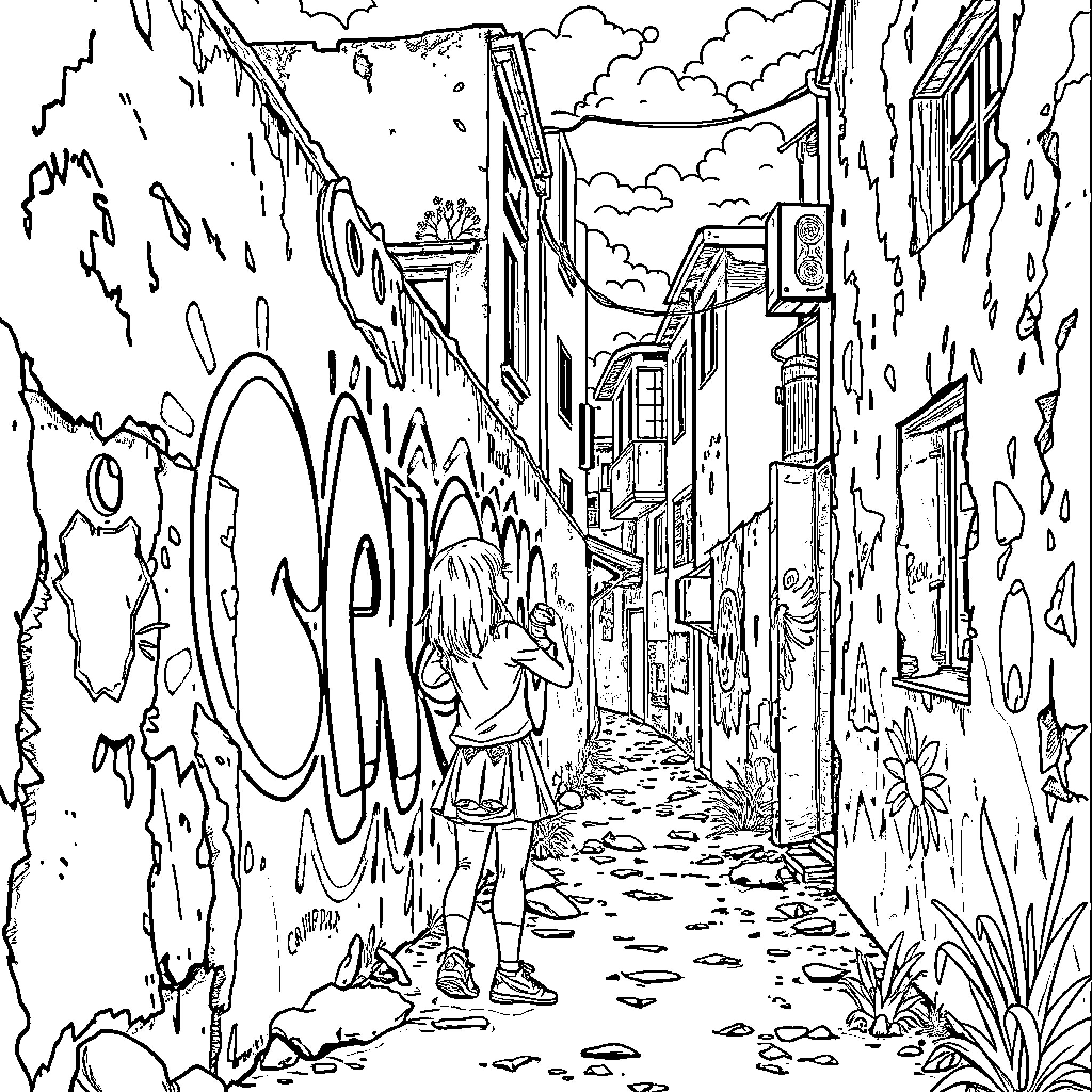 Street Art: Graffiti-Covered Urban Alley Exploration Coloring Page (free black-and-white line drawing printable PDF for all, from beginners to advanced learners, including children, teens, adults, and seniors)