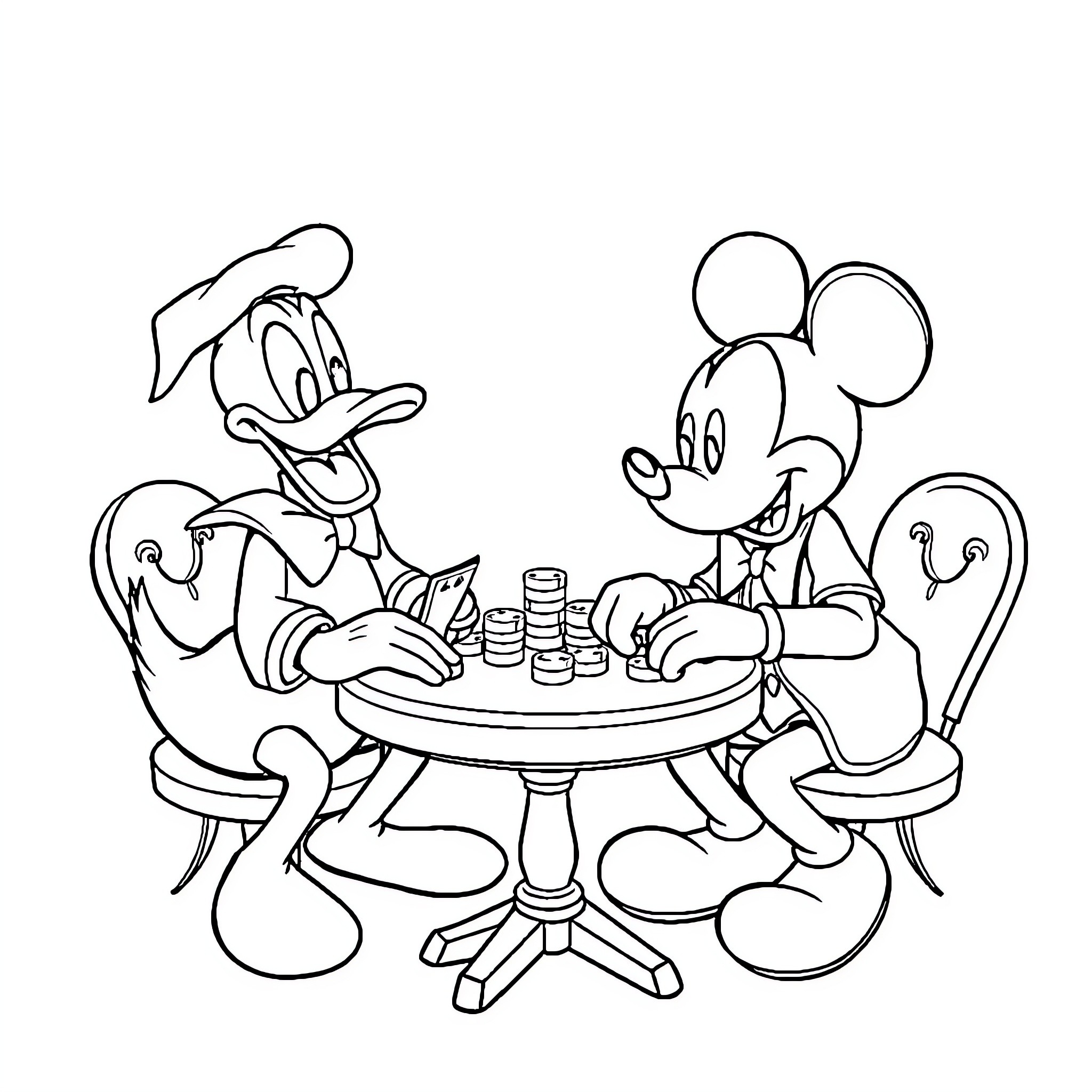 Donald Duck and Mickey Mouse playing cards together Coloring Page (free black-and-white line drawing printable PDF for all, from beginners to advanced learners, including children, teens, adults, and seniors)