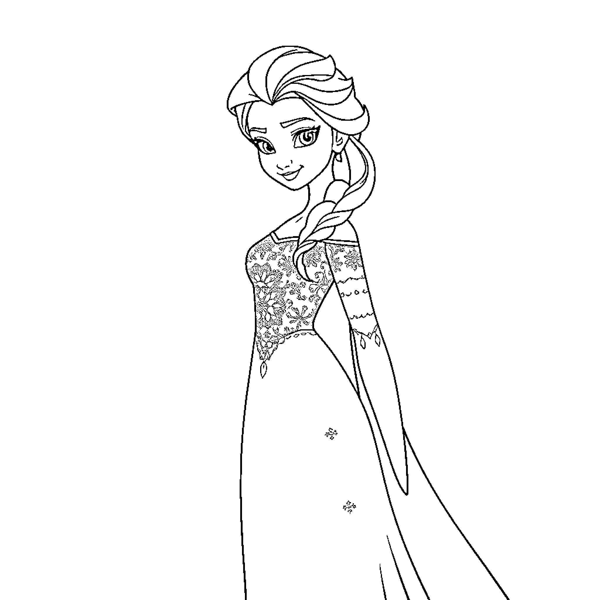 Elsa in her elegant winter dress Coloring Page (free black-and-white line drawing printable PDF for all, from beginners to advanced learners, including children, teens, adults, and seniors)