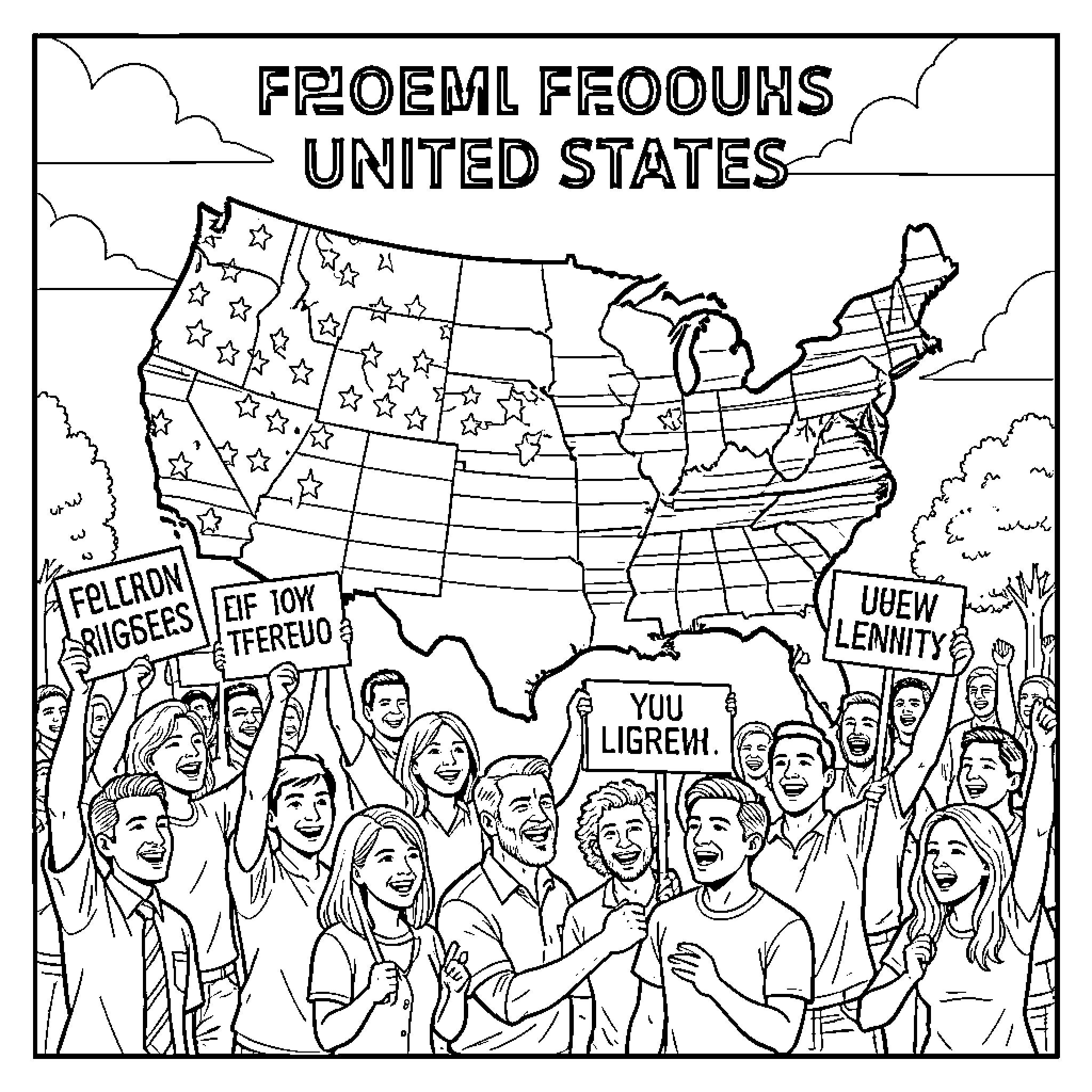 Freedom celebrated by a joyful group of people Coloring Page (free black-and-white line drawing printable PDF for all, from beginners to advanced learners, including children, teens, adults, and seniors)