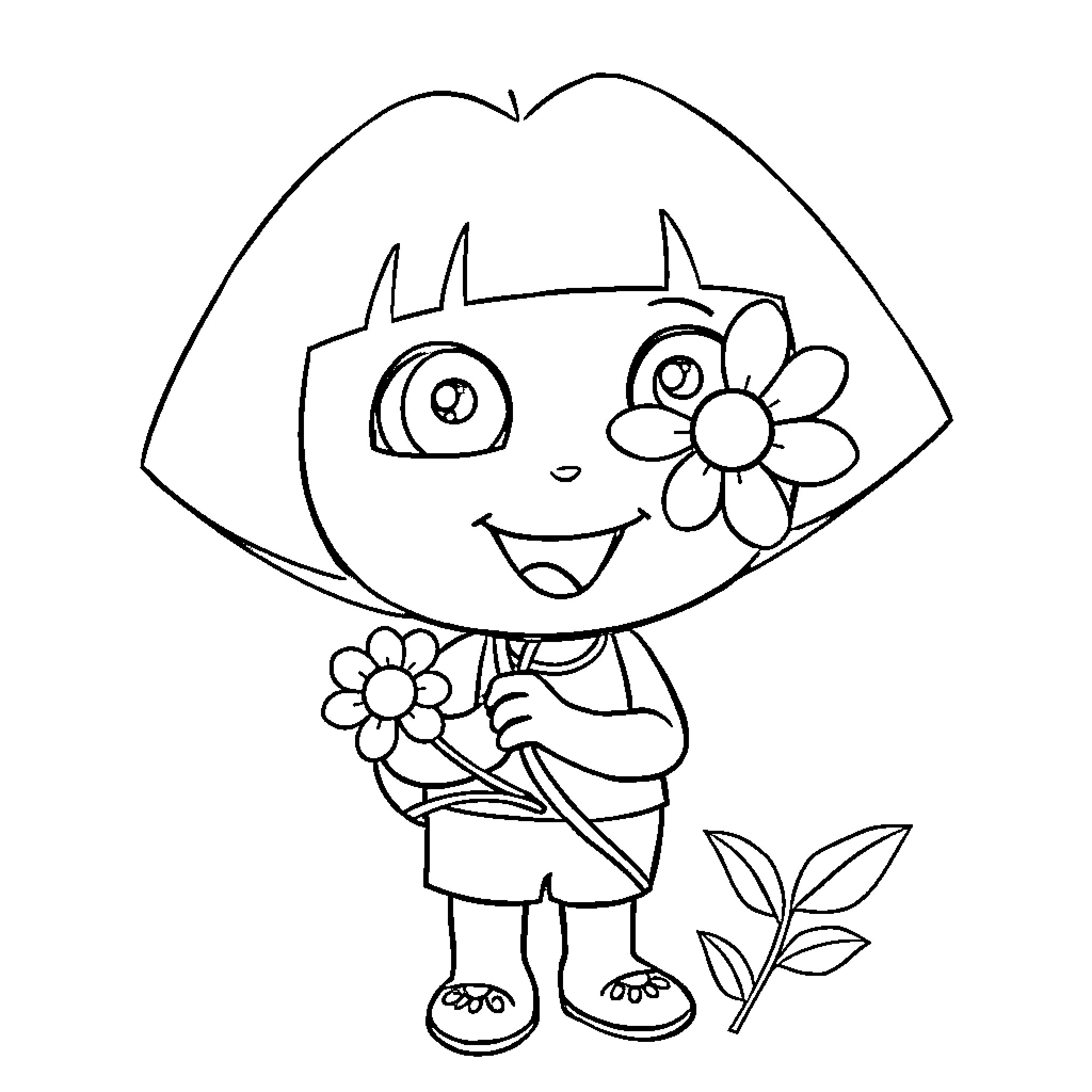 Dora the Explorer holding flowers and smiling Coloring Page (free black-and-white line drawing printable PDF for all, from beginners to advanced learners, including children, teens, adults, and seniors)