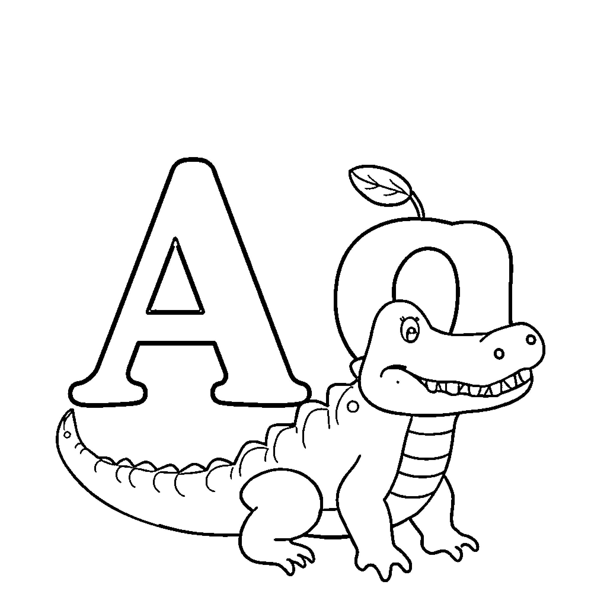 Letter A with Cartoon Animal Illustration Coloring Page (free black-and-white line drawing printable PDF for all, from beginners to advanced learners, including children, teens, adults, and seniors)