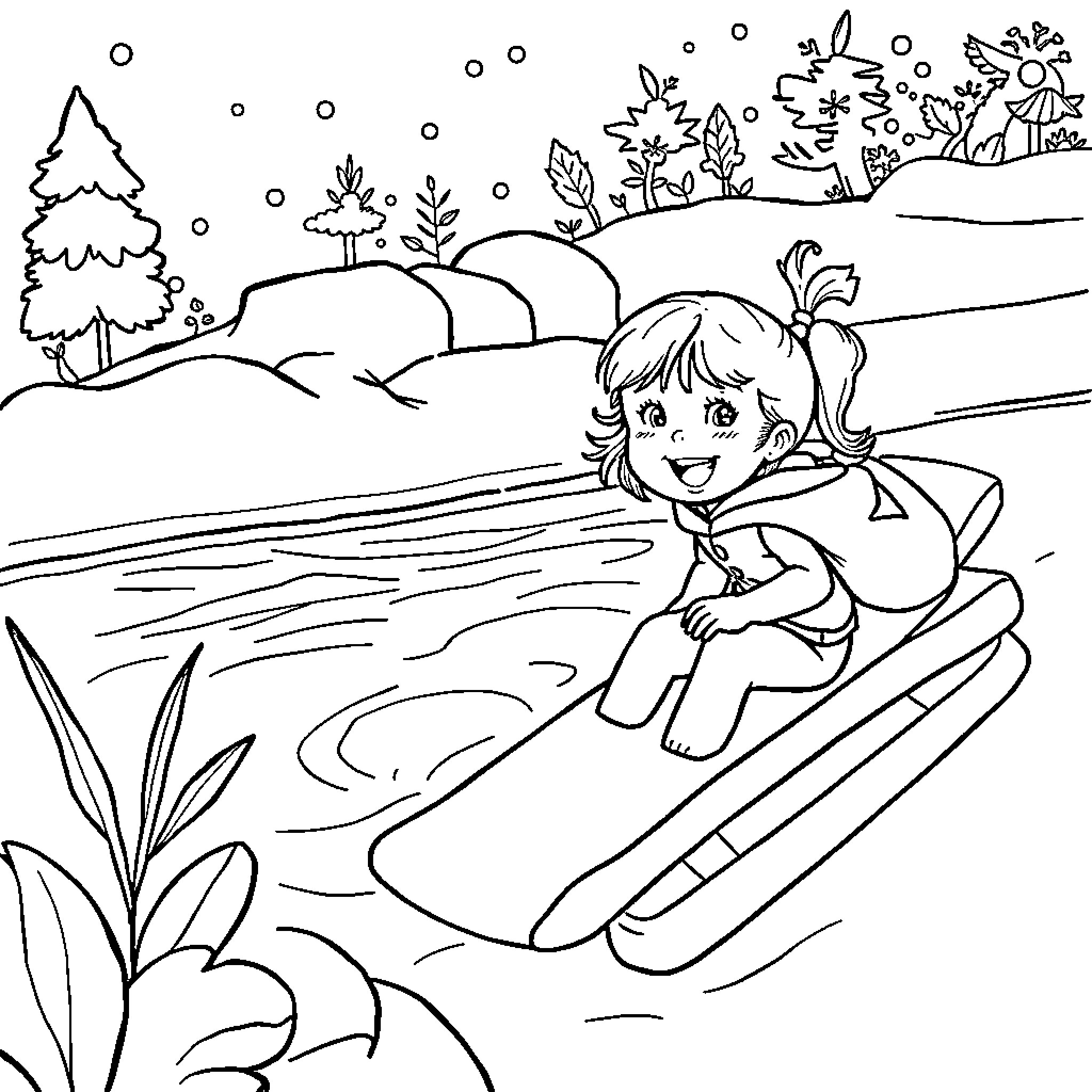 Girl sledding down a snowy hill Coloring Page (free black-and-white line drawing printable PDF for all, from beginners to advanced learners, including children, teens, adults, and seniors)