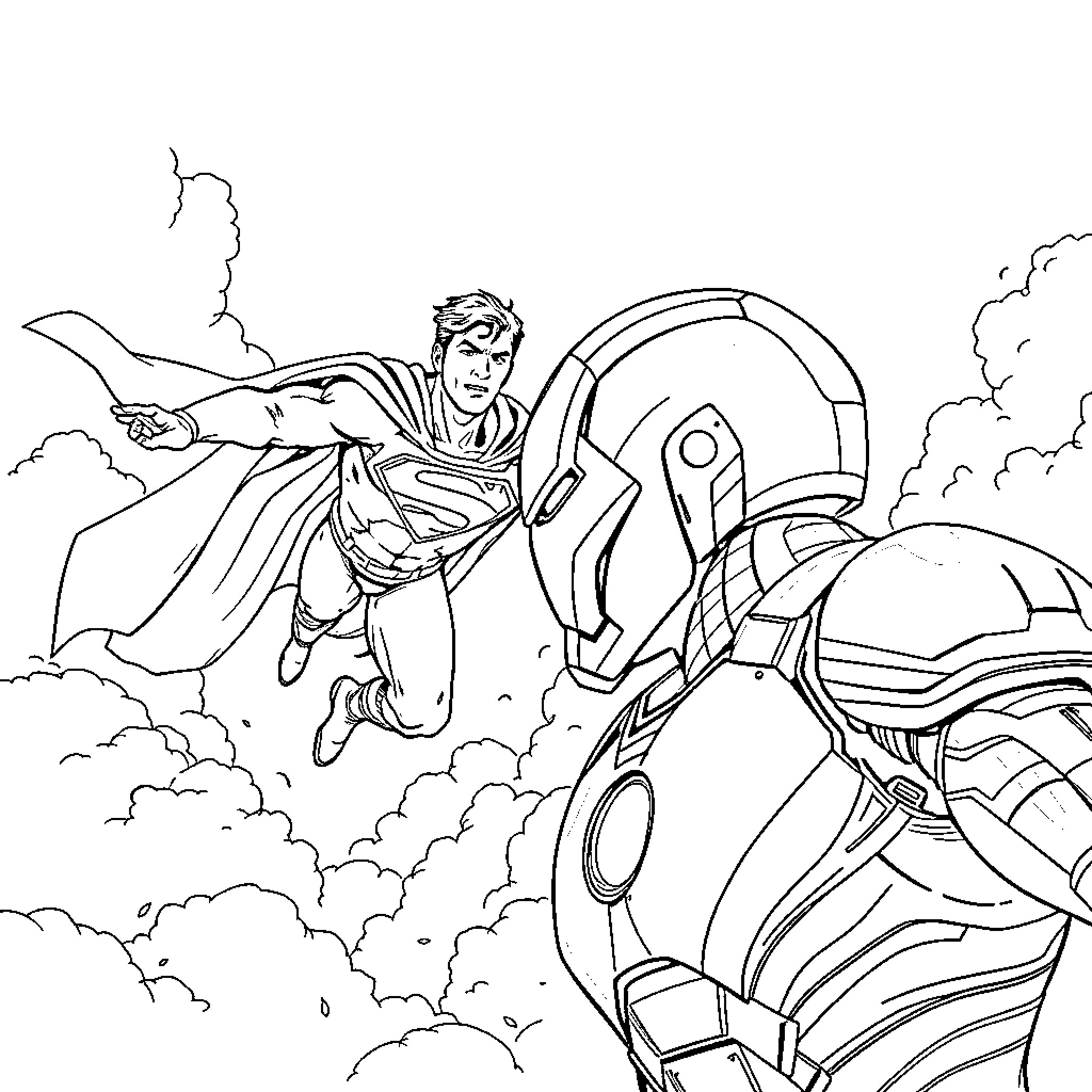 Superman flying high above futuristic landscape Coloring Page (free black-and-white line drawing printable PDF for all, from beginners to advanced learners, including children, teens, adults, and seniors)
