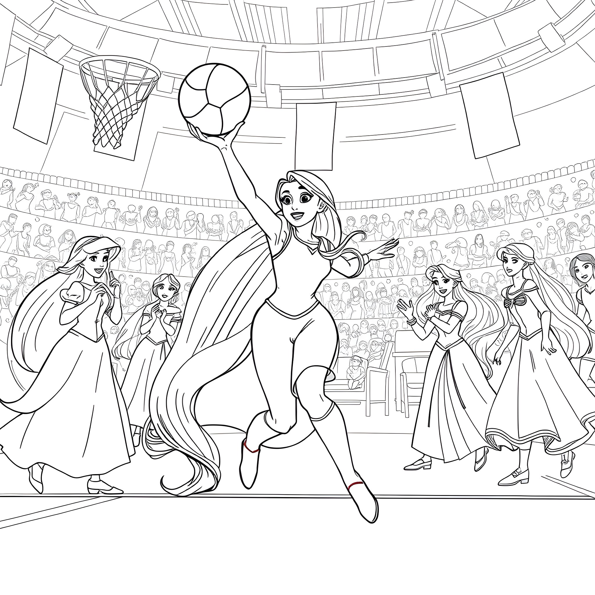 Rapunzel's Athletic Adventures in the Colosseum Coloring Page (free black-and-white line drawing printable PDF for all, from beginners to advanced learners, including children, teens, adults, and seniors)