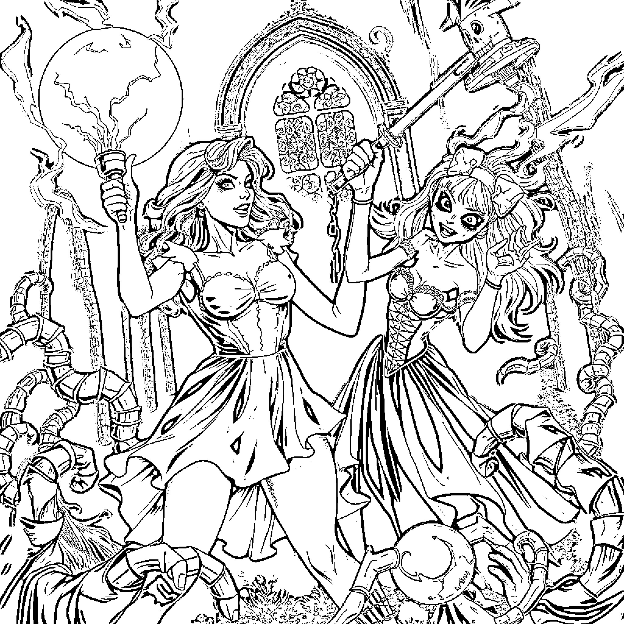Tiffany and the Magical Companions in an Enchanting Scene Coloring Page (free black-and-white line drawing printable PDF for all, from beginners to advanced learners, including children, teens, adults, and seniors)