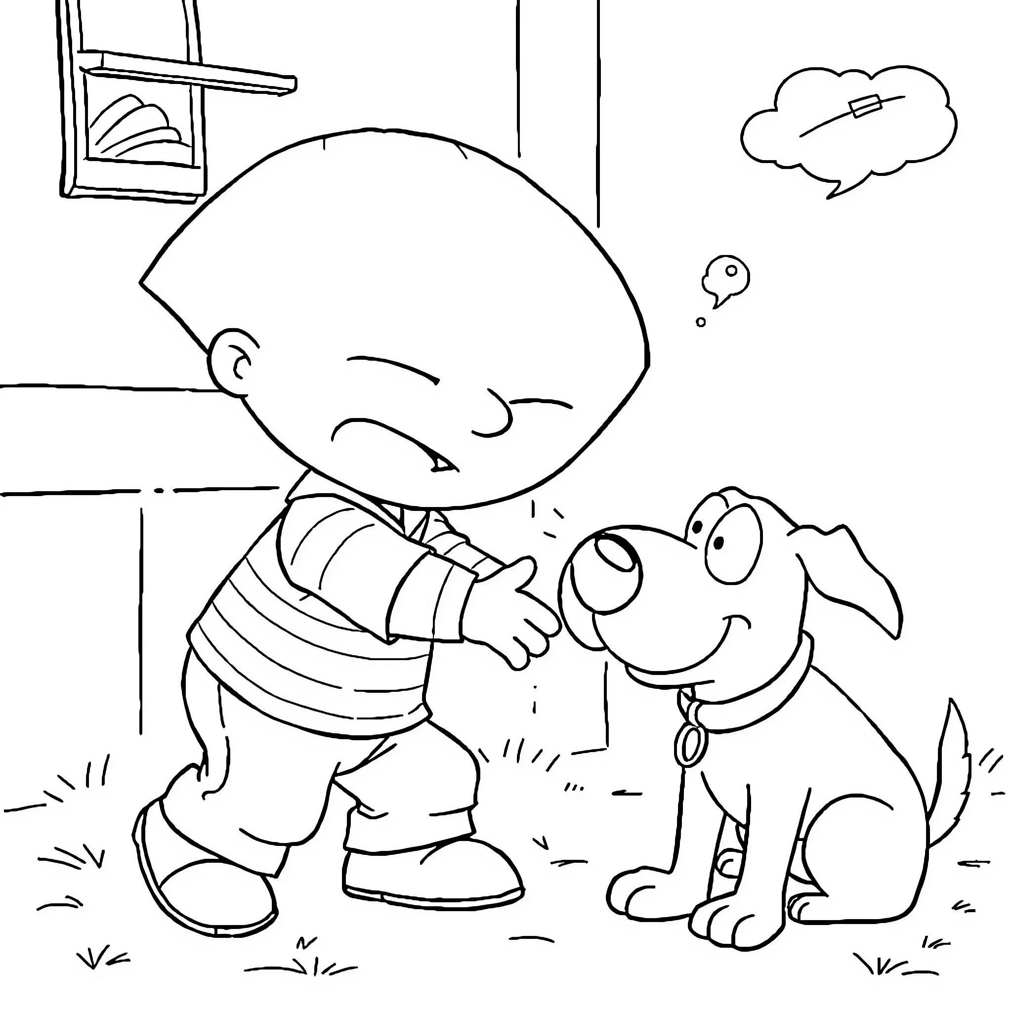 Stewie playing with a puppy at home Coloring Page (free black-and-white line drawing printable PDF for all, from beginners to advanced learners, including children, teens, adults, and seniors)