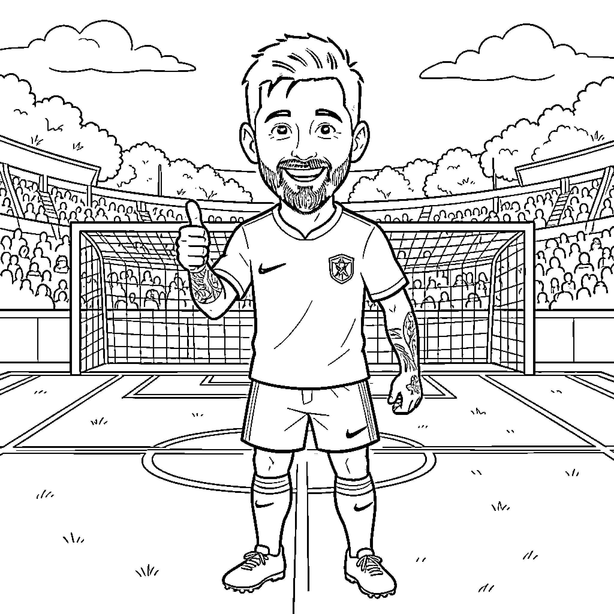 Lionel Messi smiling and giving a thumbs up Coloring Page (free black-and-white line drawing printable PDF for all, from beginners to advanced learners, including children, teens, adults, and seniors)