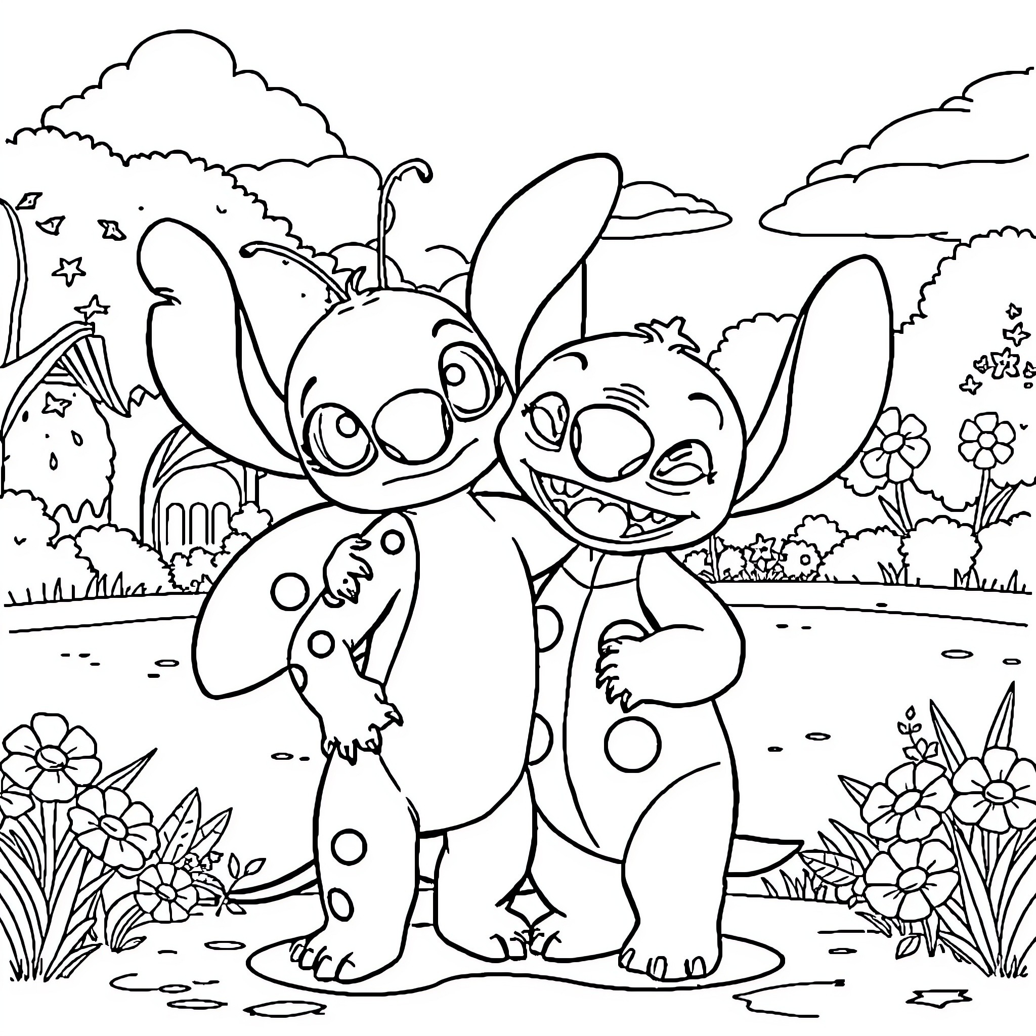 Ladybug and Friends Explore the Enchanted Garden Coloring Page (free black-and-white line drawing printable PDF for all, from beginners to advanced learners, including children, teens, adults, and seniors)