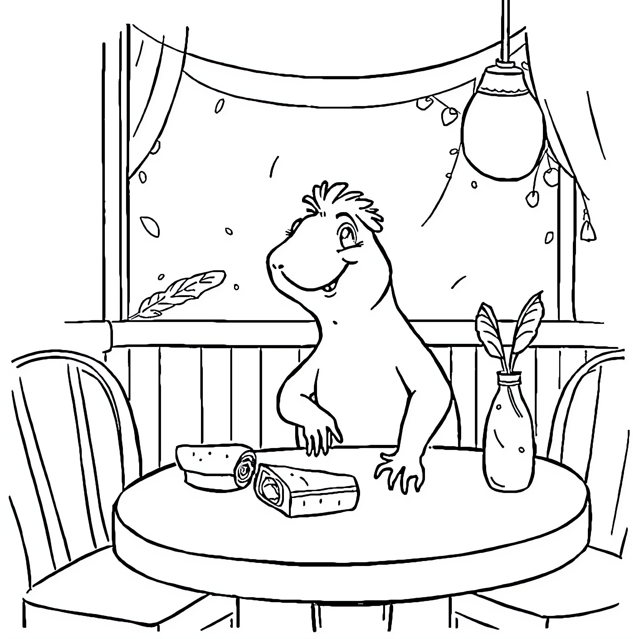 Capybara enjoying a cozy indoor scene Coloring Page (free black-and-white line drawing printable PDF for all, from beginners to advanced learners, including children, teens, adults, and seniors)