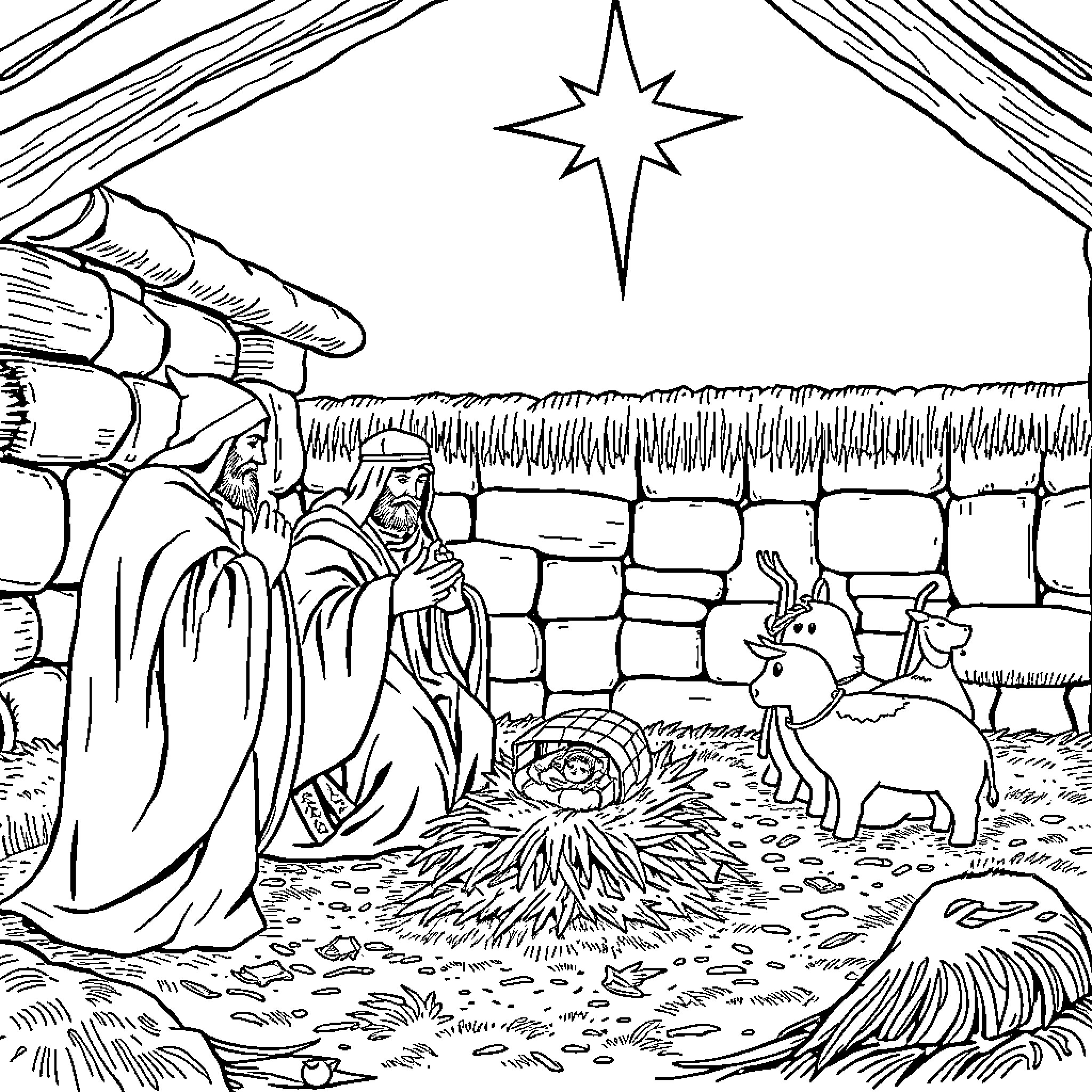 Nativity scene with baby Jesus, Mary, Joseph, and animals Coloring Page (free black-and-white line drawing printable PDF for all, from beginners to advanced learners, including children, teens, adults, and seniors)