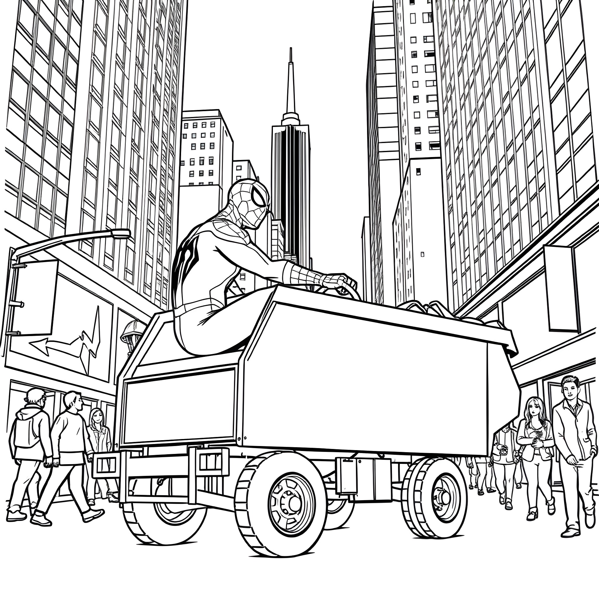Spider-Man swinging through New York City skyscrapers Coloring Page (free black-and-white line drawing printable PDF for all, from beginners to advanced learners, including children, teens, adults, and seniors)