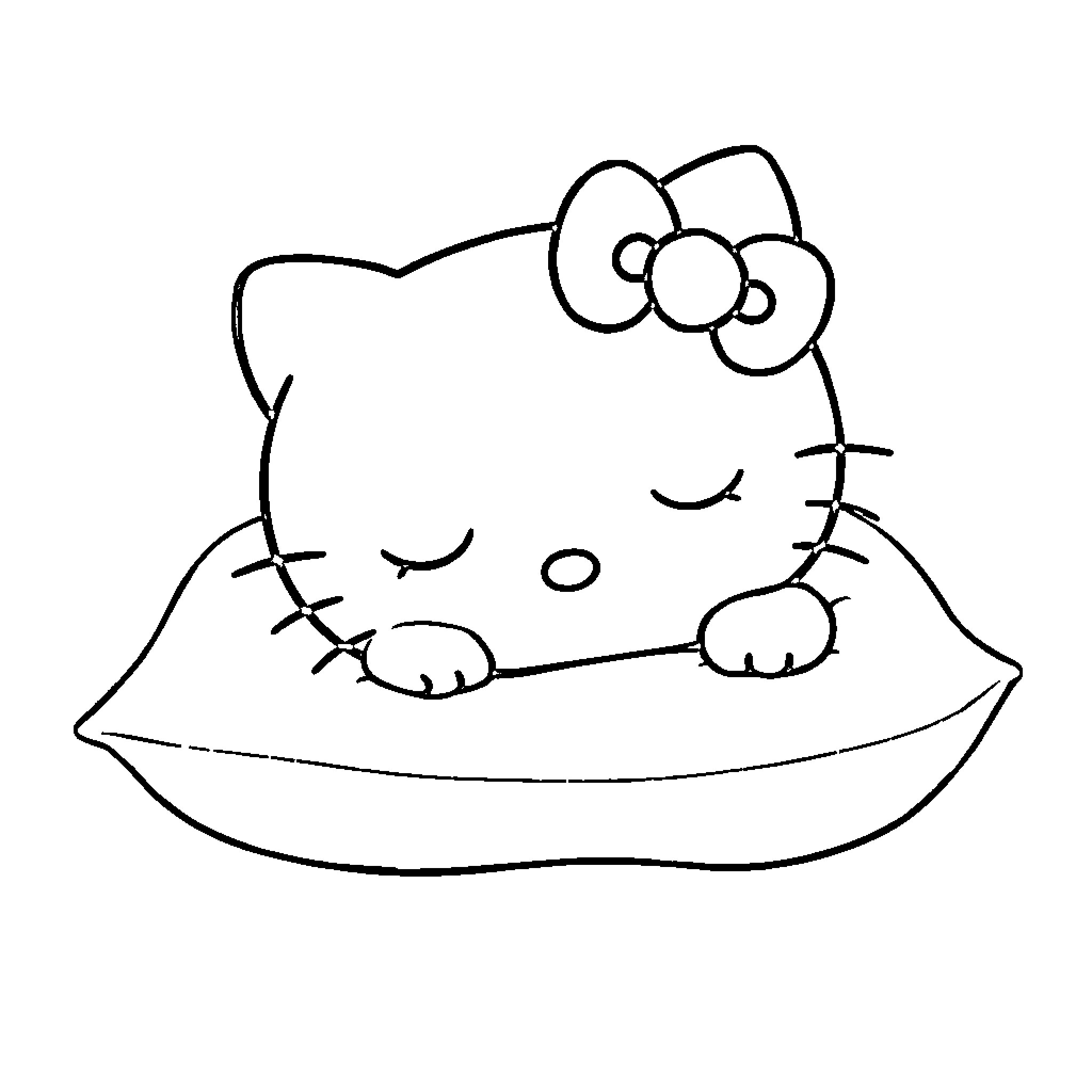 Hello Kitty resting peacefully on a pillow Coloring Page (free black-and-white line drawing printable PDF for all, from beginners to advanced learners, including children, teens, adults, and seniors)