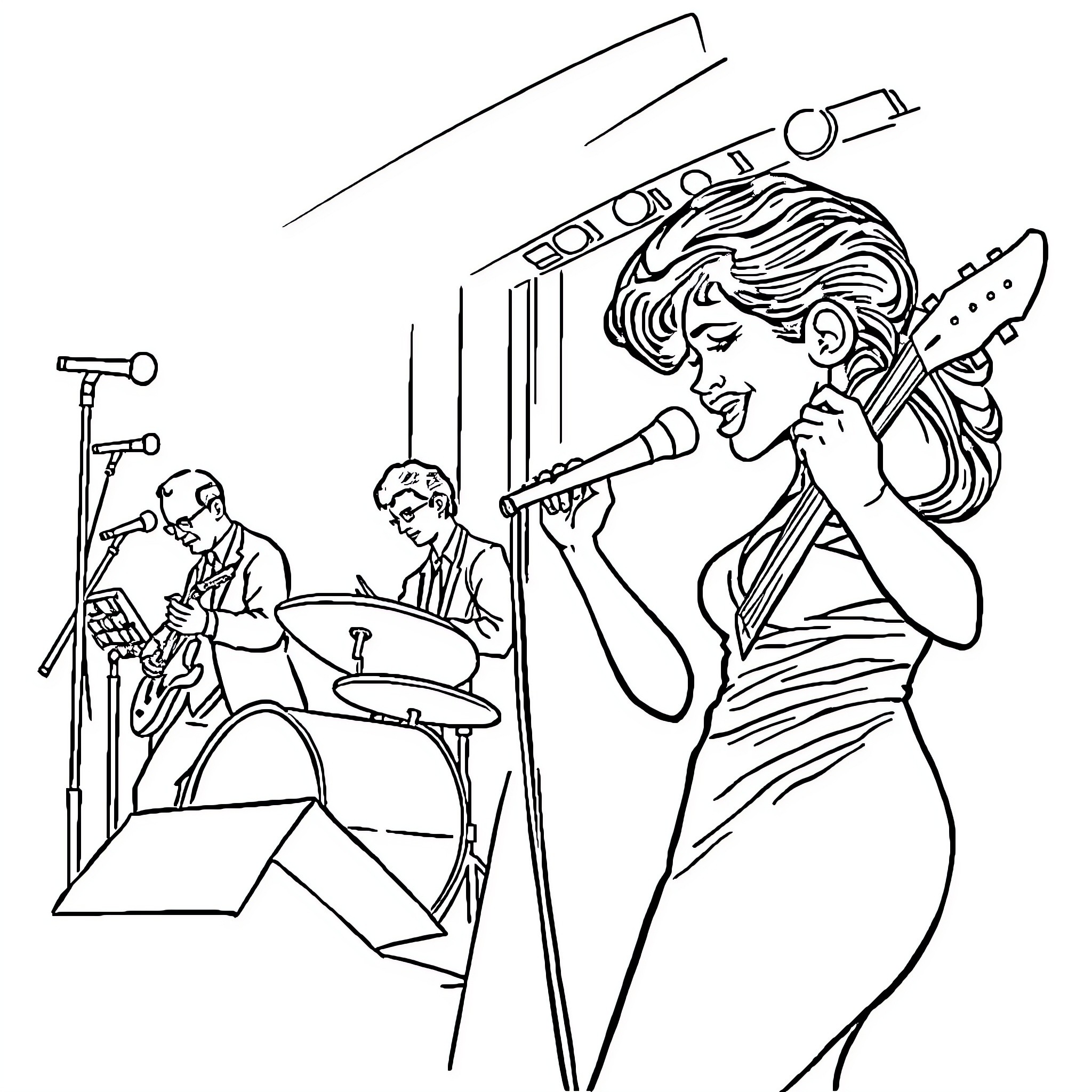 Band performing on stage with lively energy Coloring Page (free black-and-white line drawing printable PDF for all, from beginners to advanced learners, including children, teens, adults, and seniors)