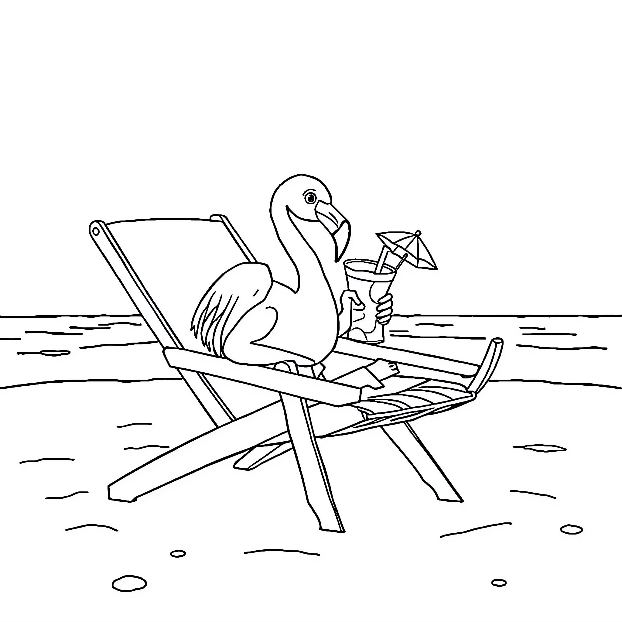 Flamingo relaxing on beach chair with lemonade Coloring Page (free black-and-white line drawing printable PDF for all, from beginners to advanced learners, including children, teens, adults, and seniors)