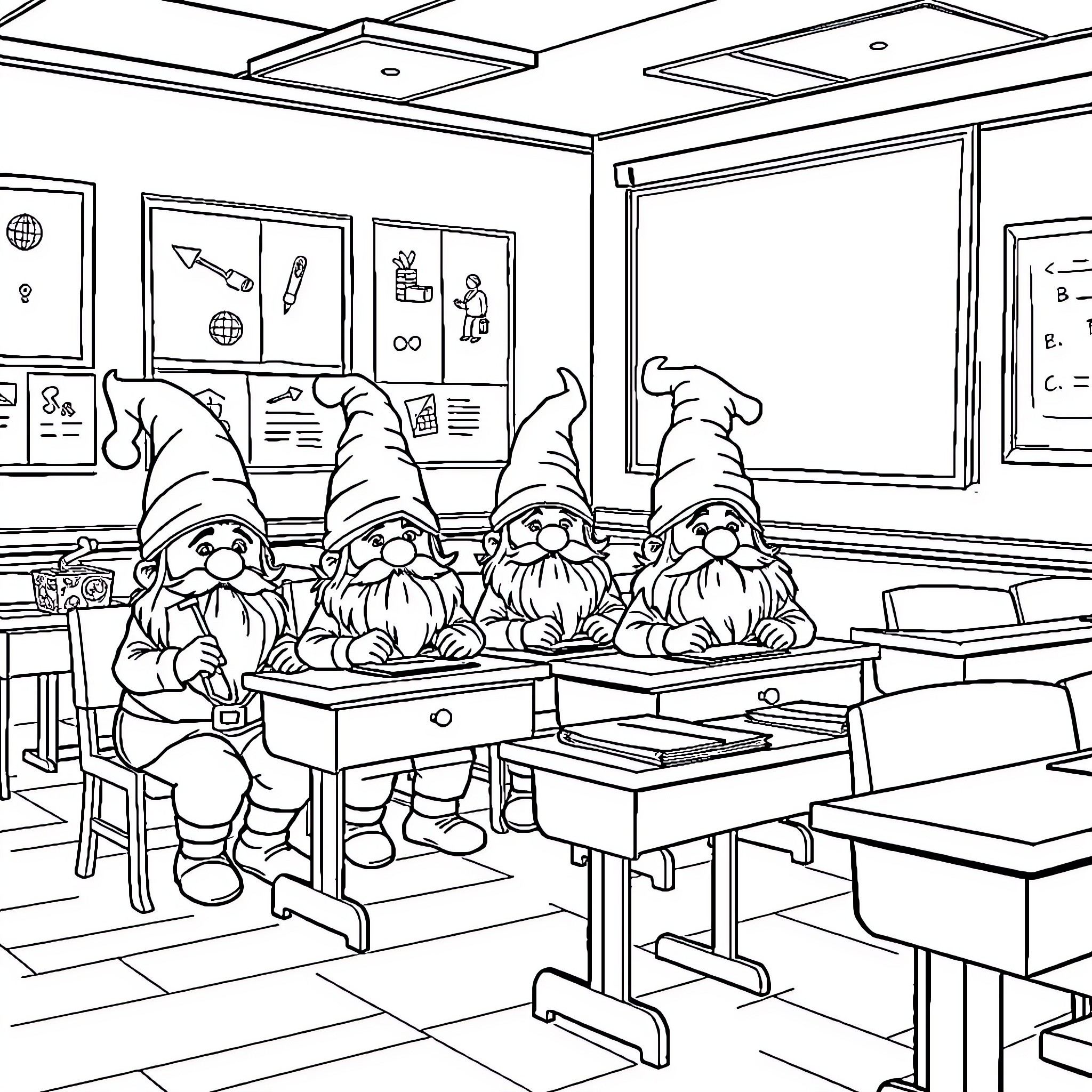 Gnomes studying and learning in the classroom Coloring Page (free black-and-white line drawing printable PDF for all, from beginners to advanced learners, including children, teens, adults, and seniors)