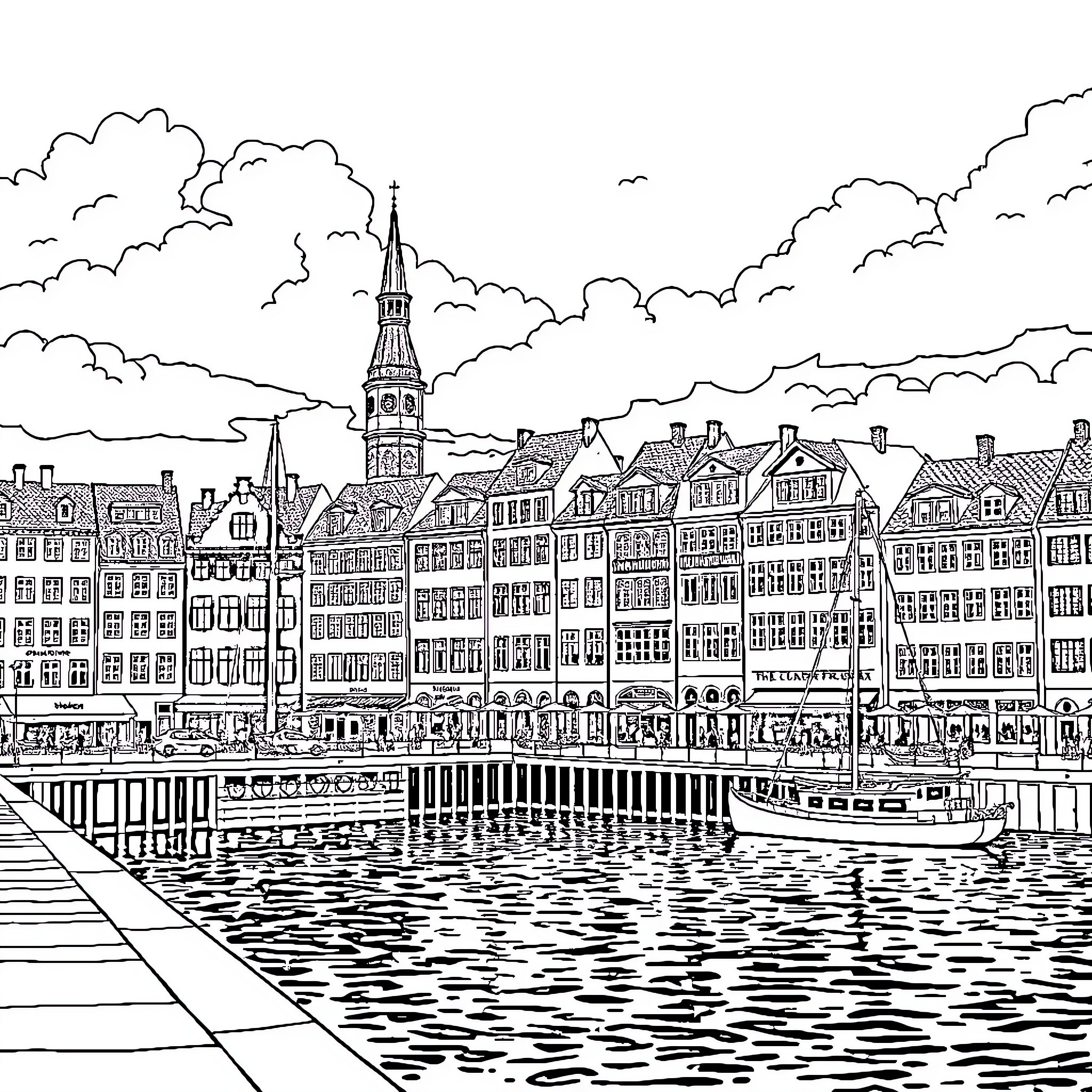 Copenhagen Cityscape with Boats and Architecture Coloring Page (free black-and-white line drawing printable PDF for all, from beginners to advanced learners, including children, teens, adults, and seniors)