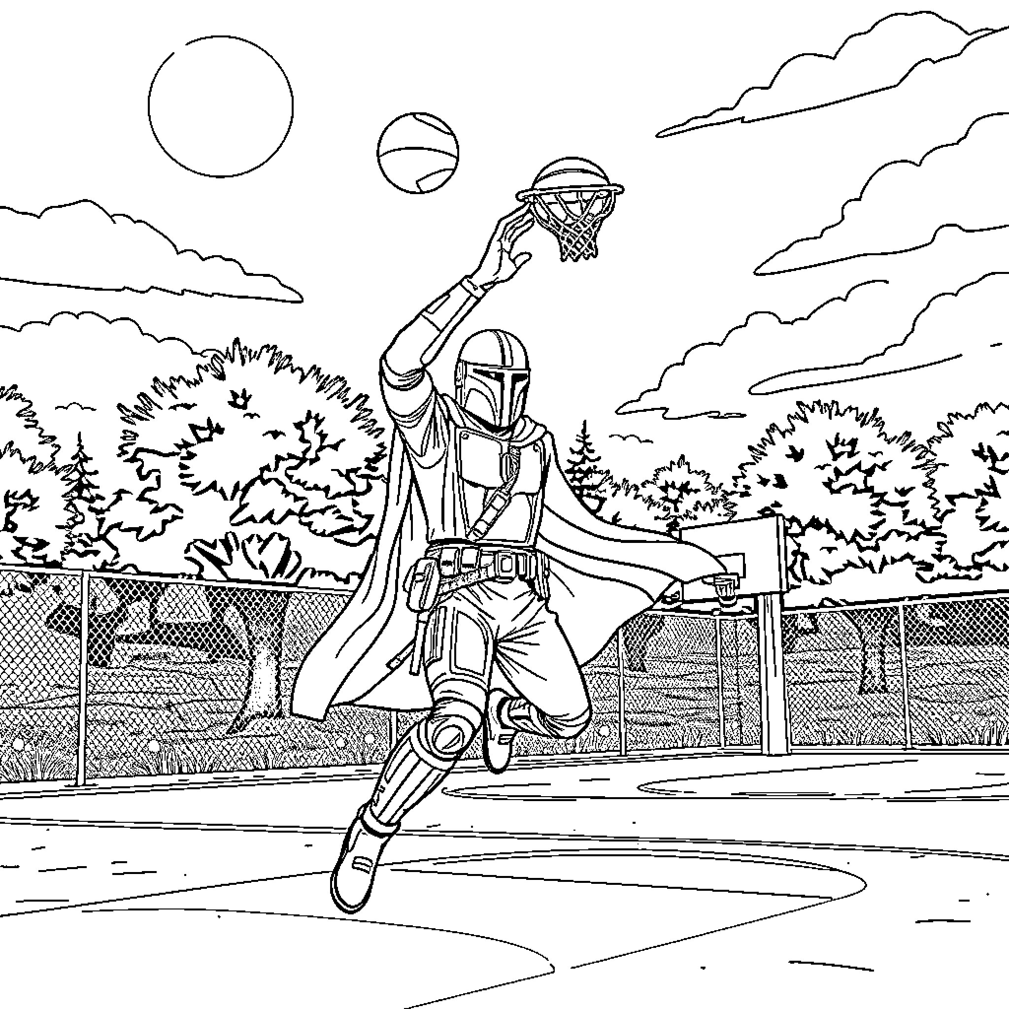 Mandalorian playing basketball in an outdoor court Coloring Page (free black-and-white line drawing printable PDF for all, from beginners to advanced learners, including children, teens, adults, and seniors)
