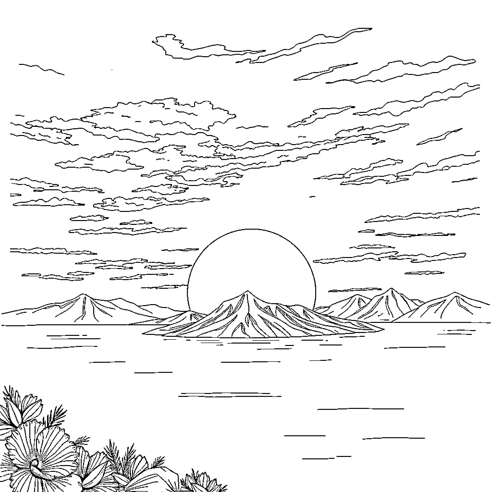 Sokehs Island scenic landscape with mountains and sun Coloring Page (free black-and-white line drawing printable PDF for all, from beginners to advanced learners, including children, teens, adults, and seniors)