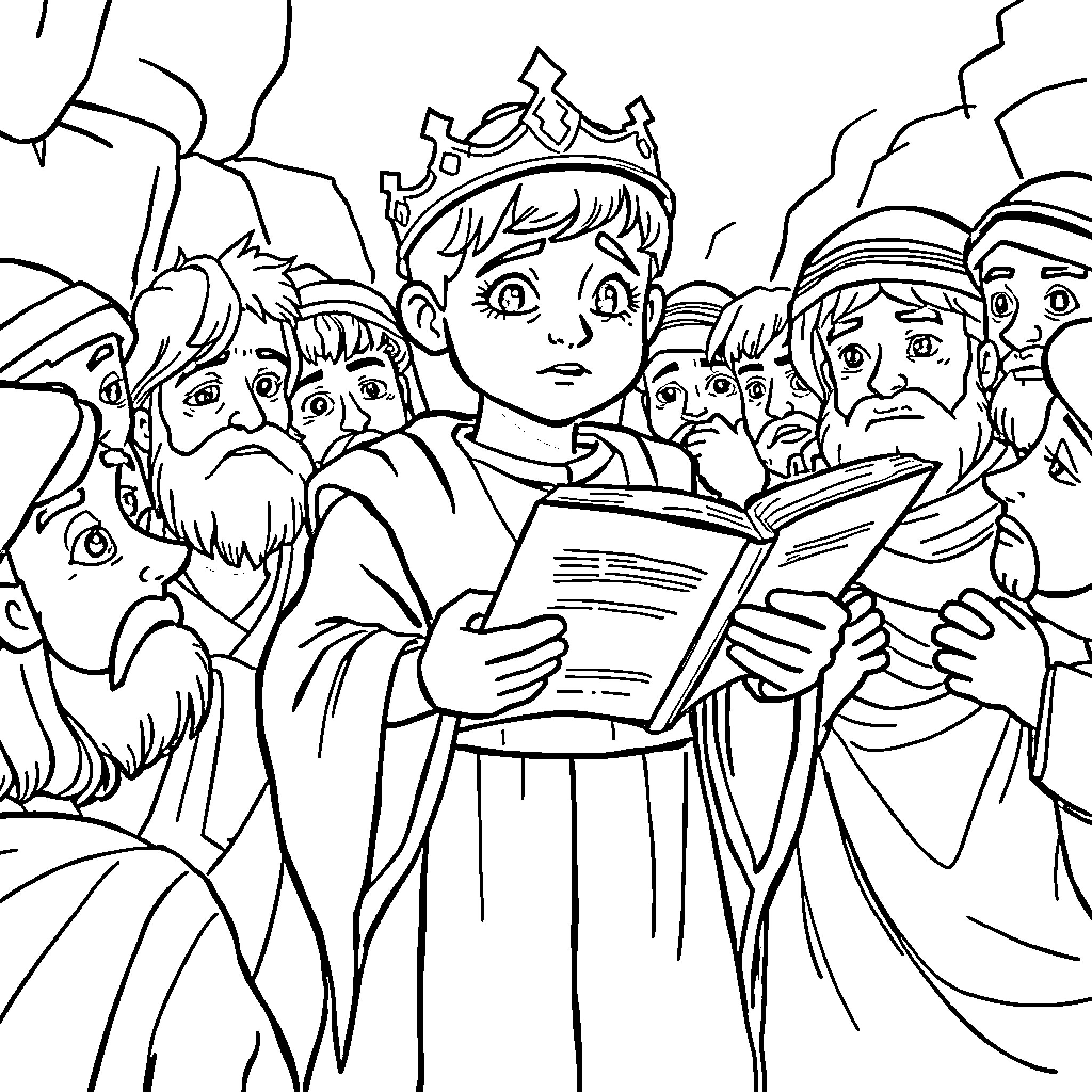 King Josiah Reading the Scriptures to His People Coloring Page (free black-and-white line drawing printable PDF for all, from beginners to advanced learners, including children, teens, adults, and seniors)
