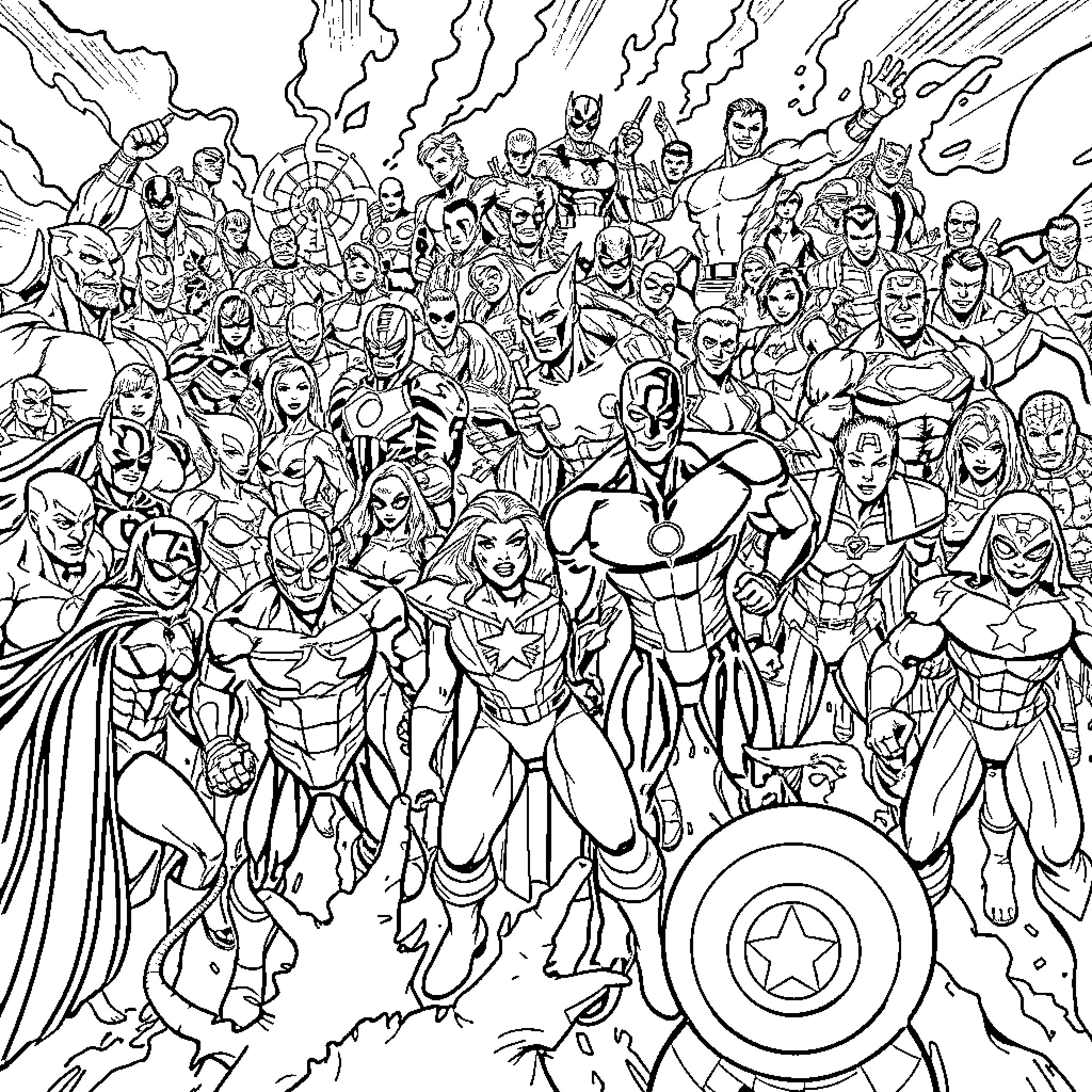 Superhero Gathering: Epic Ensemble of Iconic Characters Coloring Page (free black-and-white line drawing printable PDF for all, from beginners to advanced learners, including children, teens, adults, and seniors)
