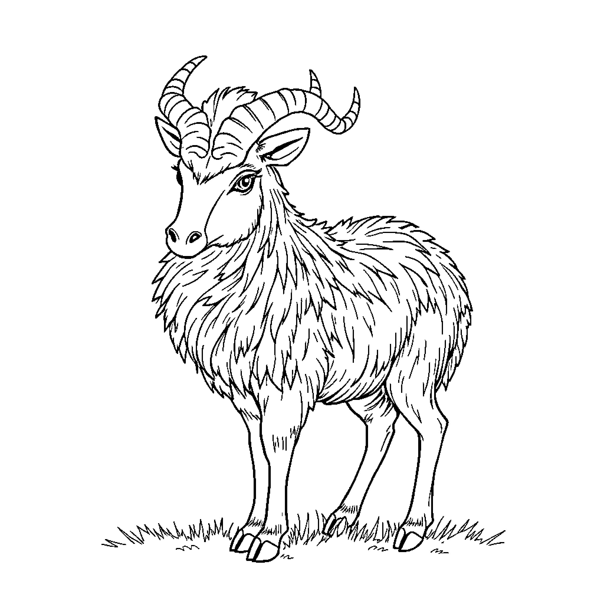 Möwe's Fantastical Goat Illustration Coloring Page (free black-and-white line drawing printable PDF for all, from beginners to advanced learners, including children, teens, adults, and seniors)