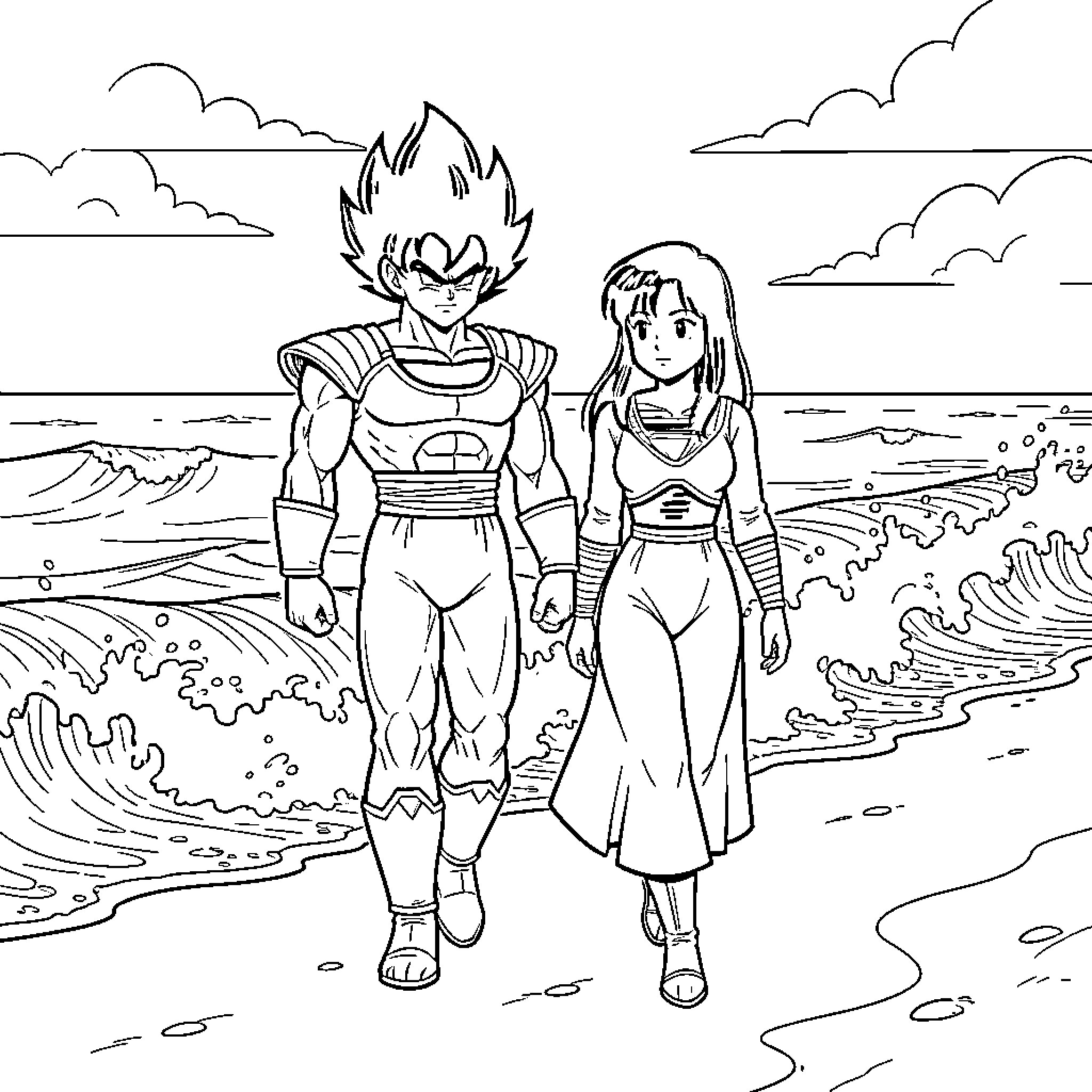 Vegeta walking hand in hand with Bulma on beach Coloring Page (free black-and-white line drawing printable PDF for all, from beginners to advanced learners, including children, teens, adults, and seniors)