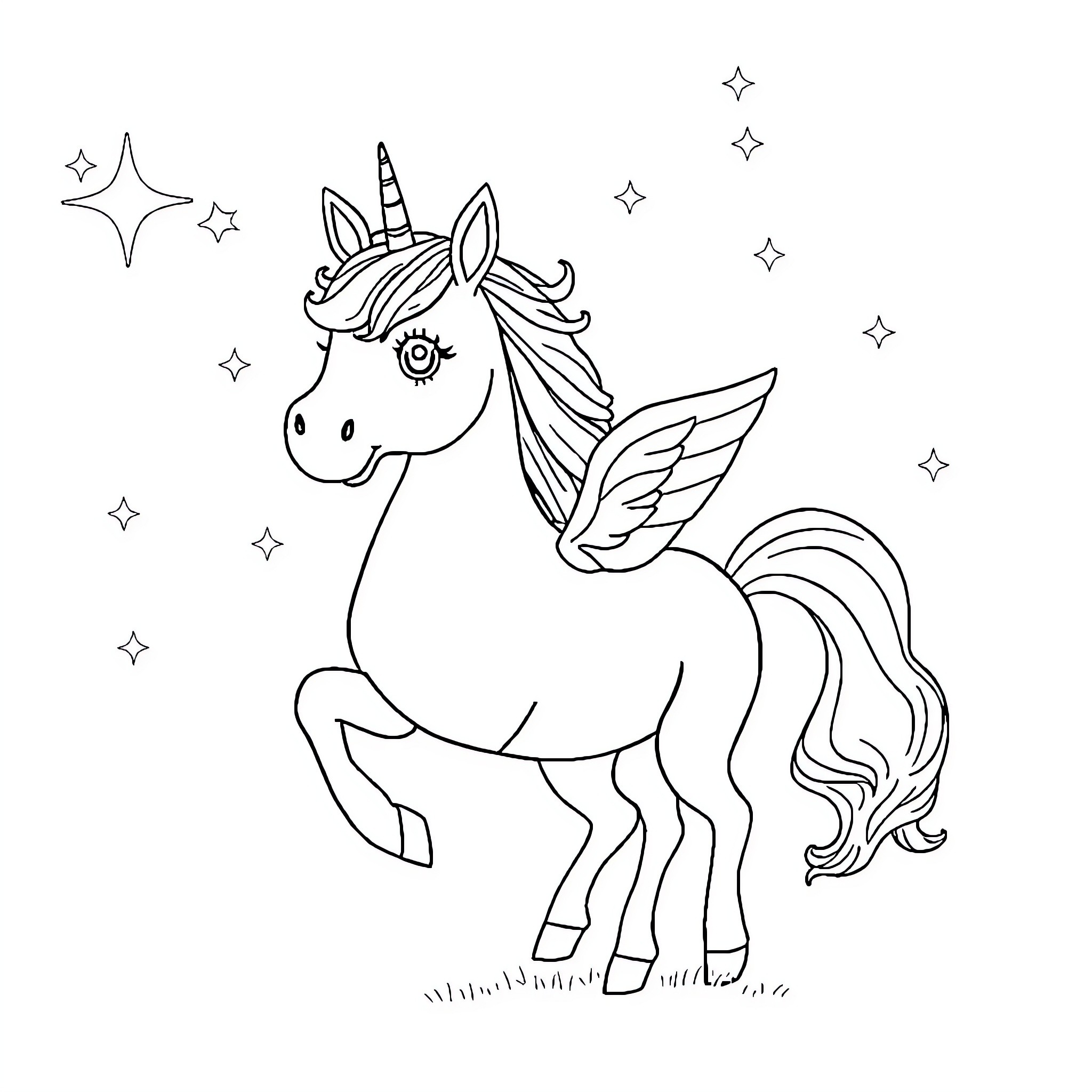 Capybara unicorn with wings and stars Coloring Page (free black-and-white line drawing printable PDF for all, from beginners to advanced learners, including children, teens, adults, and seniors)