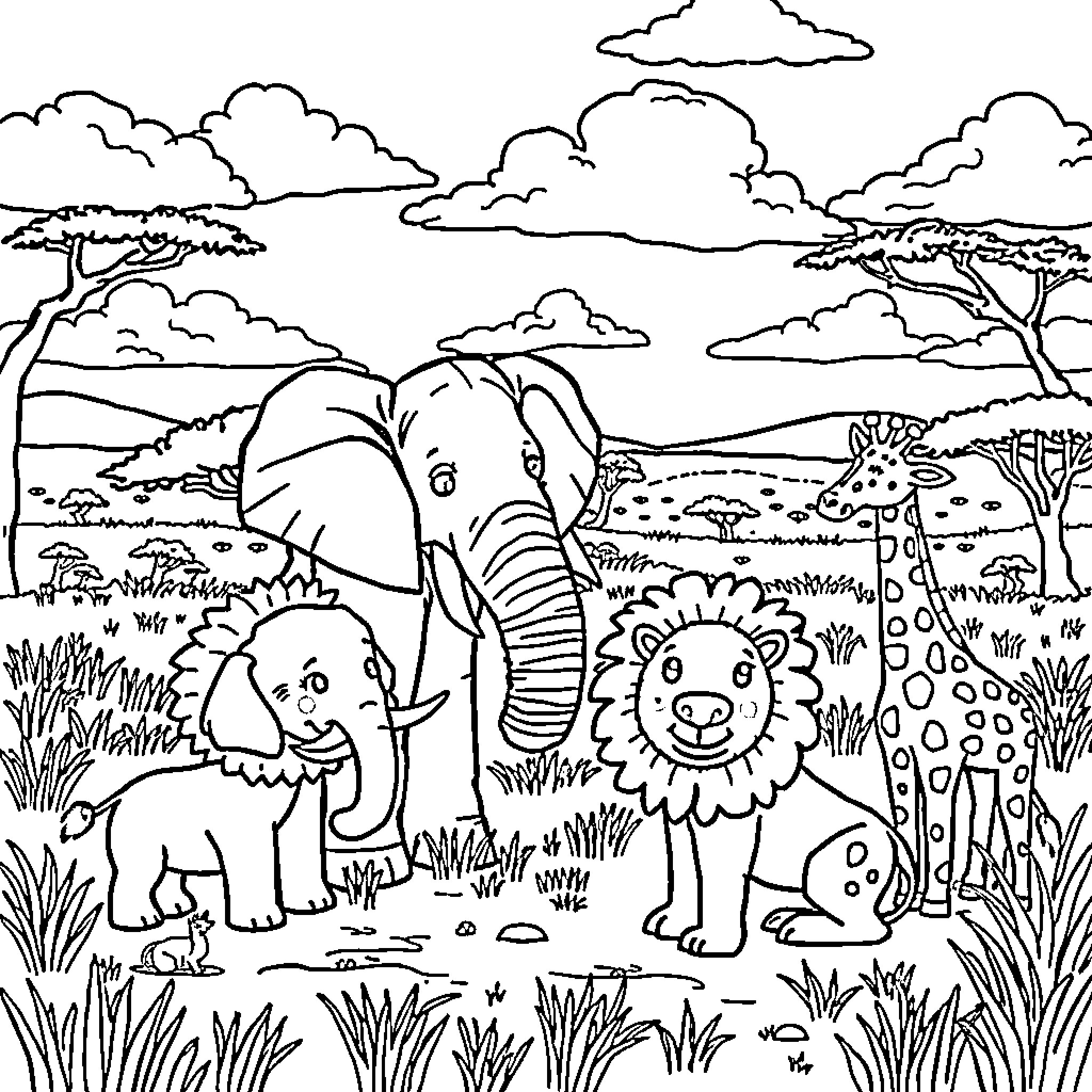 Savannah Safari Animals in Tranquil Landscape Coloring Page (free black-and-white line drawing printable PDF for all, from beginners to advanced learners, including children, teens, adults, and seniors)