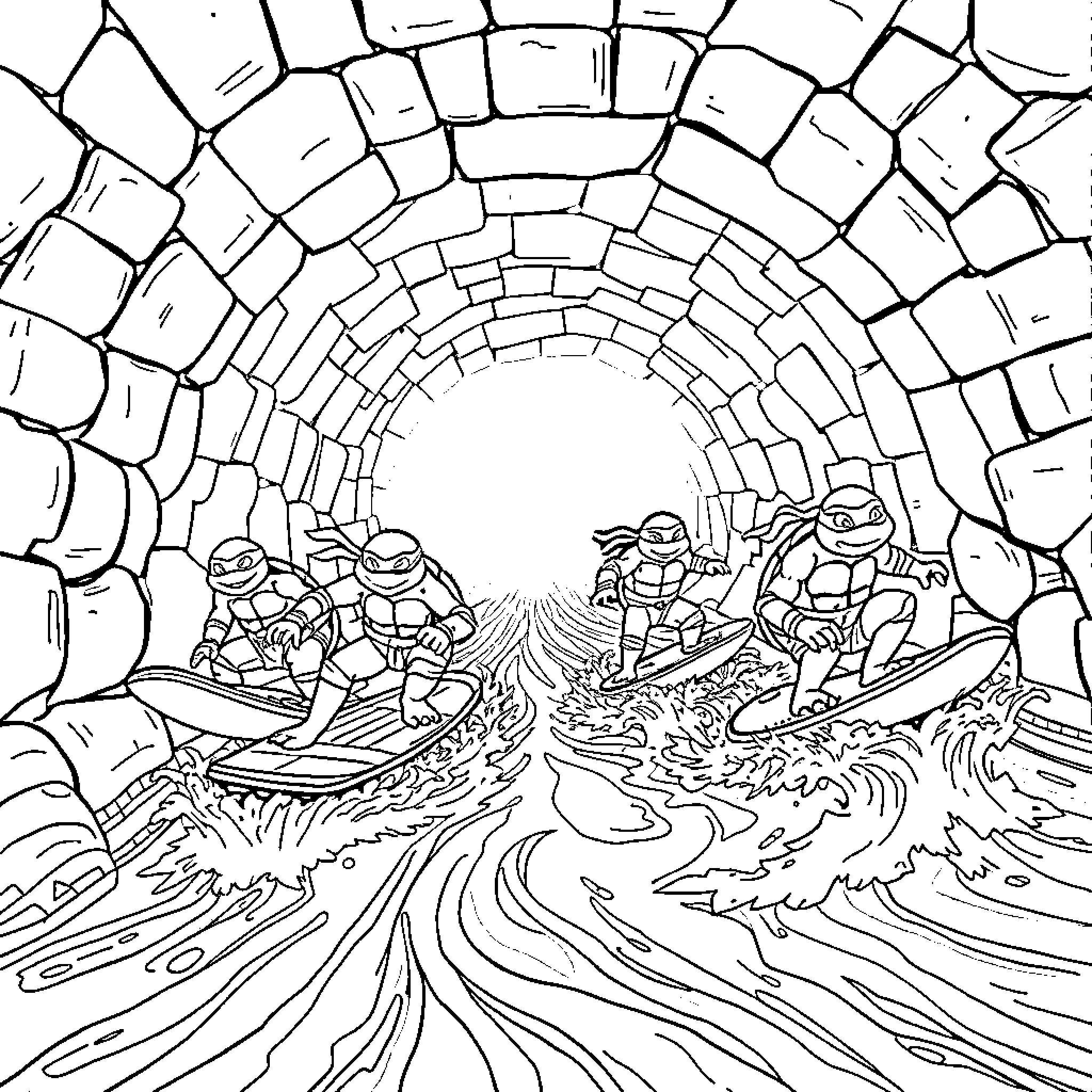 Teenage Mutant Ninja Turtles Surfing Through Waves in Tunnel Coloring Page (free black-and-white line drawing printable PDF for all, from beginners to advanced learners, including children, teens, adults, and seniors)