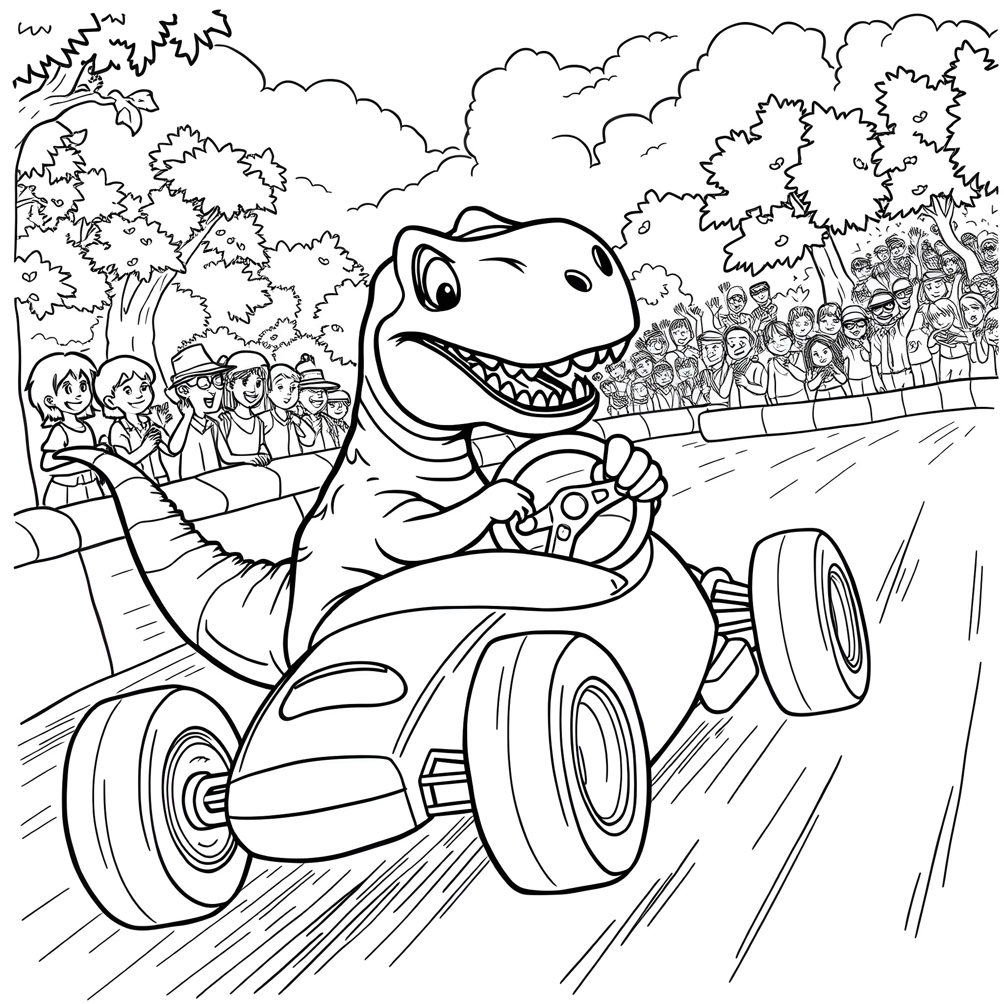 Dinosaur driving race car through crowd of spectators Coloring Page (free black-and-white line drawing printable PDF for all, from beginners to advanced learners, including children, teens, adults, and seniors)