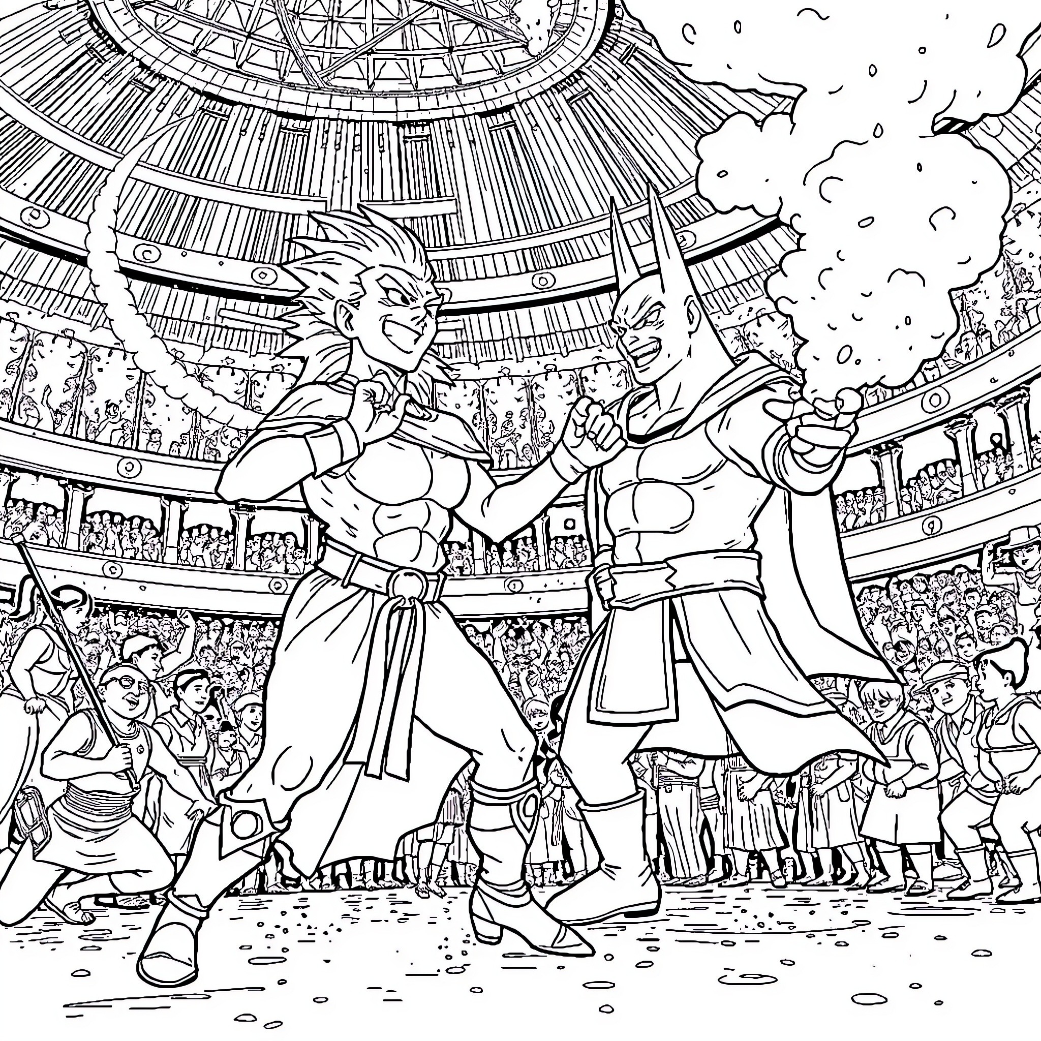 Vegeta's Epic Showdown in the Colosseum Coloring Page (free black-and-white line drawing printable PDF for all, from beginners to advanced learners, including children, teens, adults, and seniors)