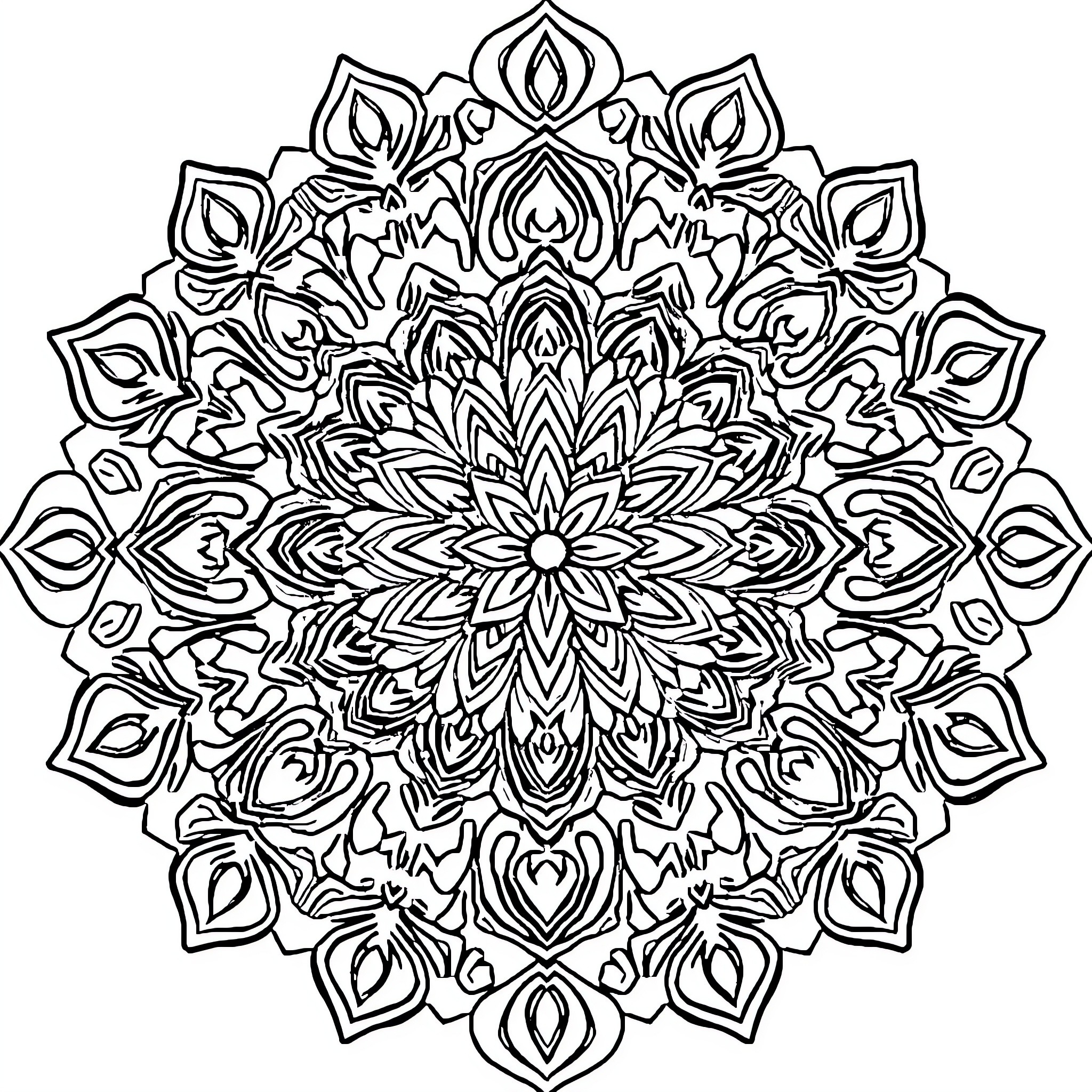 Mandala of intricate flower and leaf patterns Coloring Page (free black-and-white line drawing printable PDF for all, from beginners to advanced learners, including children, teens, adults, and seniors)